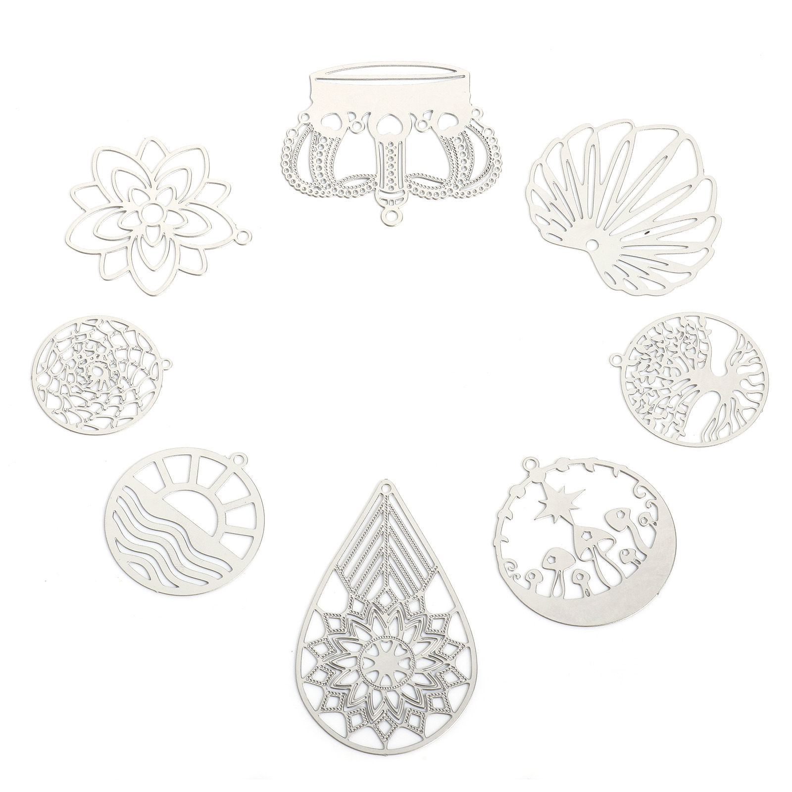 Image de 5 Pcs Breloques en 304 Acier Inoxydable Argent Mat Fleurs Creuses Estampe en Filigrane