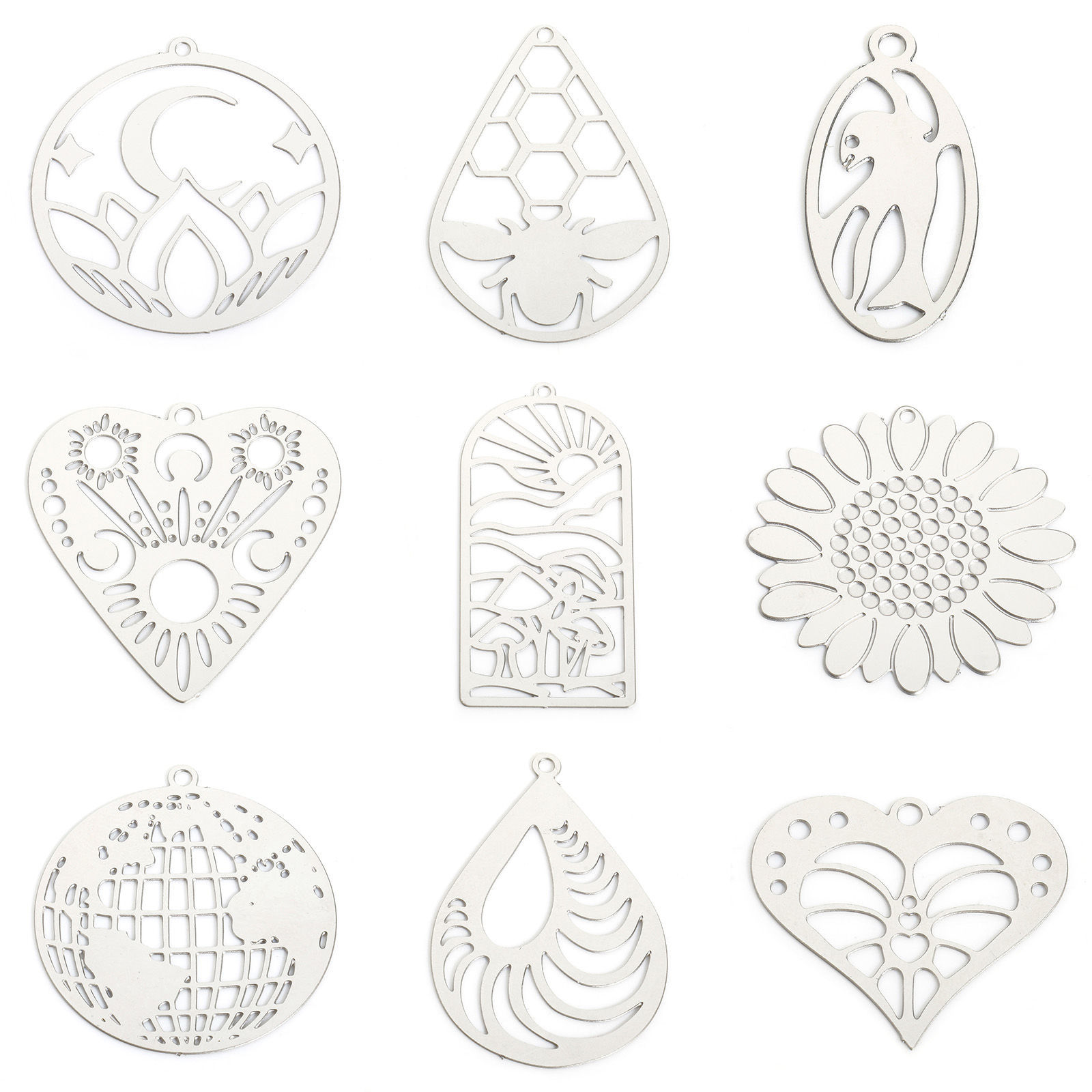 Picture of 304 Stainless Steel Filigree Stamping Pendants Silver Tone Hollow