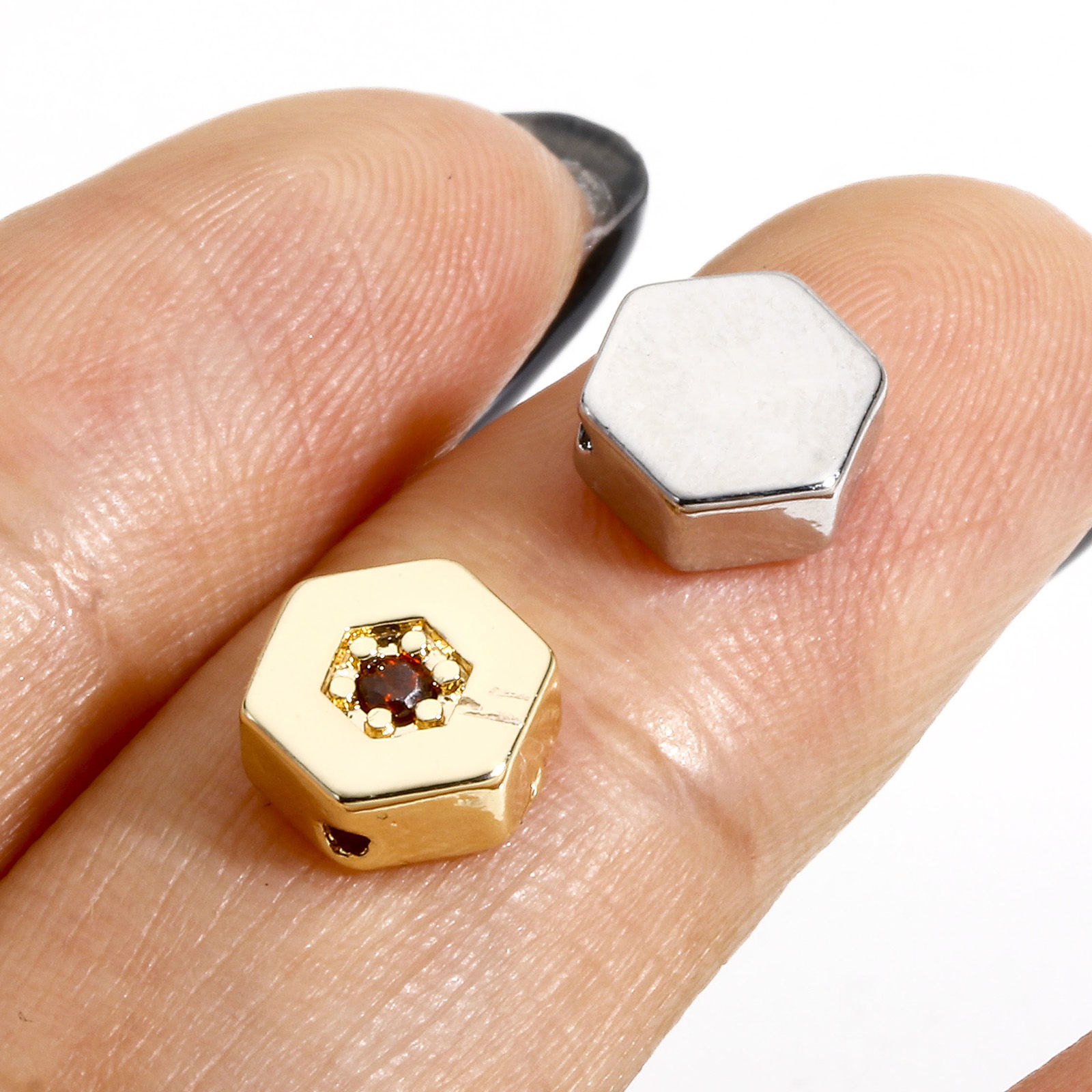 Picture of Brass Valentine's Day Beads For DIY Jewelry Making Real Gold Plated Heart Hexagon Multicolour Cubic Zirconia