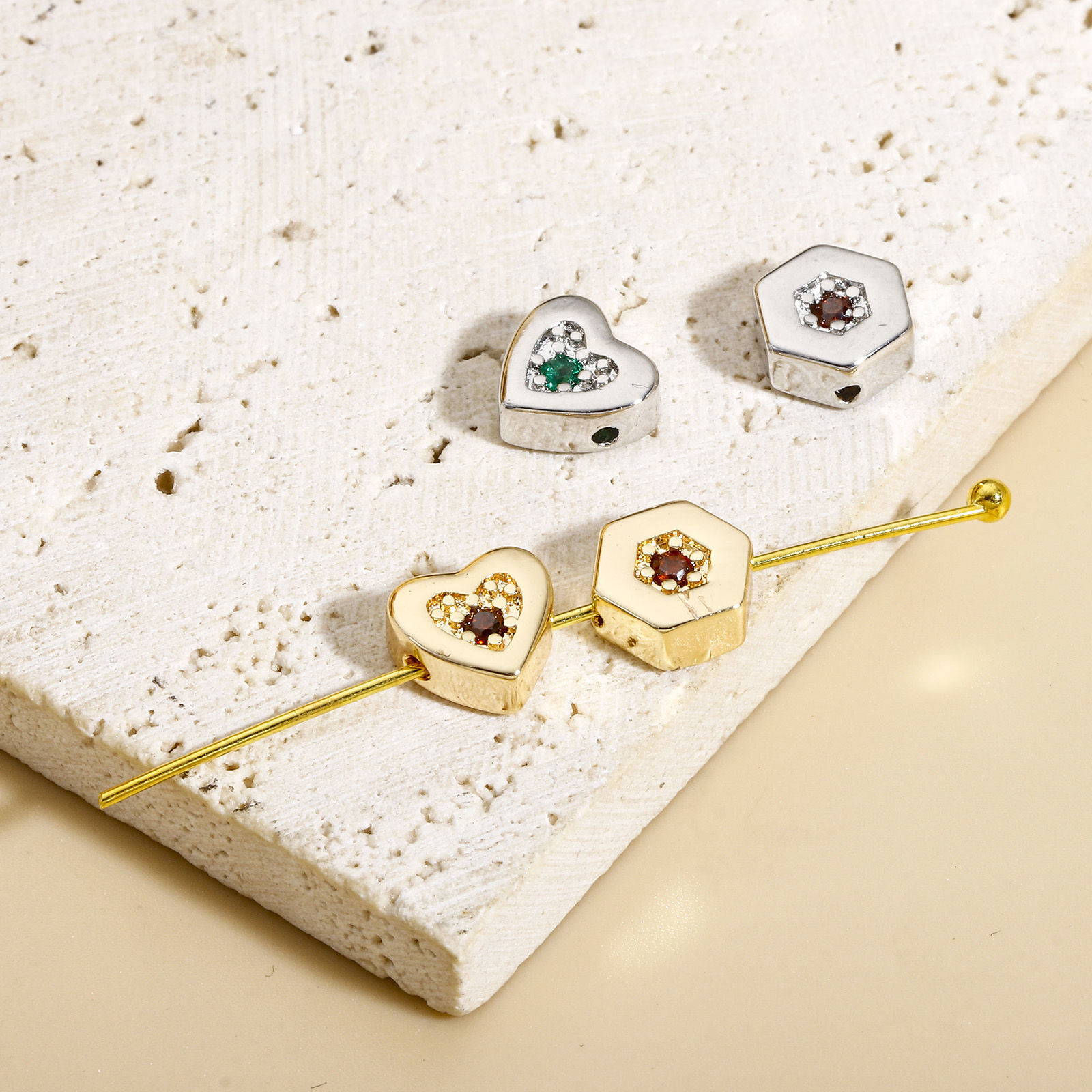 Picture of Brass Valentine's Day Beads For DIY Jewelry Making Real Gold Plated Heart Hexagon Multicolour Cubic Zirconia