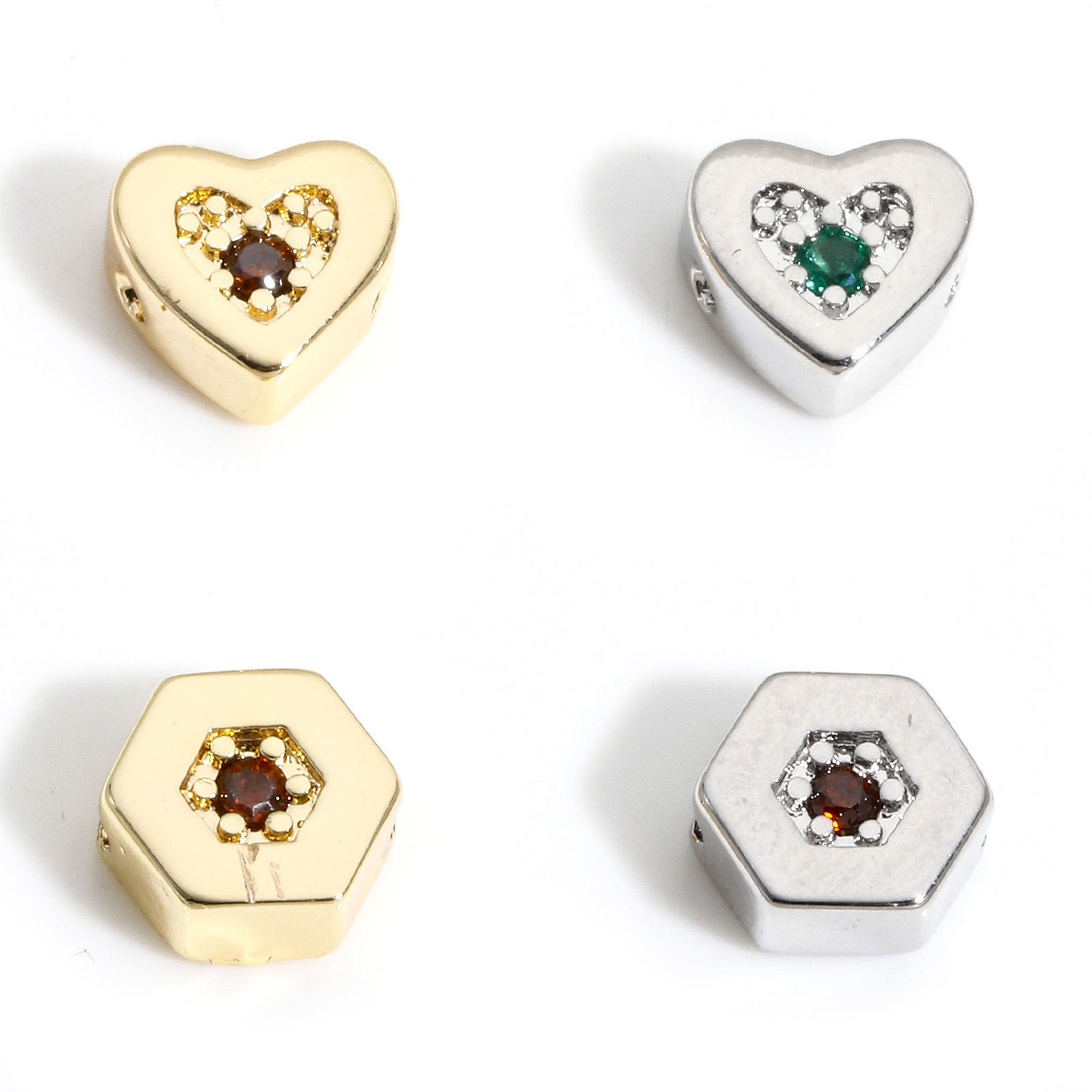 Picture of Brass Valentine's Day Beads For DIY Jewelry Making Real Gold Plated Heart Hexagon Multicolour Cubic Zirconia