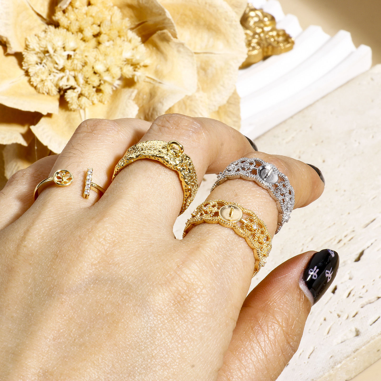 Picture of Brass Stylish Open Adjustable Semi Mount Ring For DIY Pearl Setting Lace Real Gold Plated Clear Rhinestone