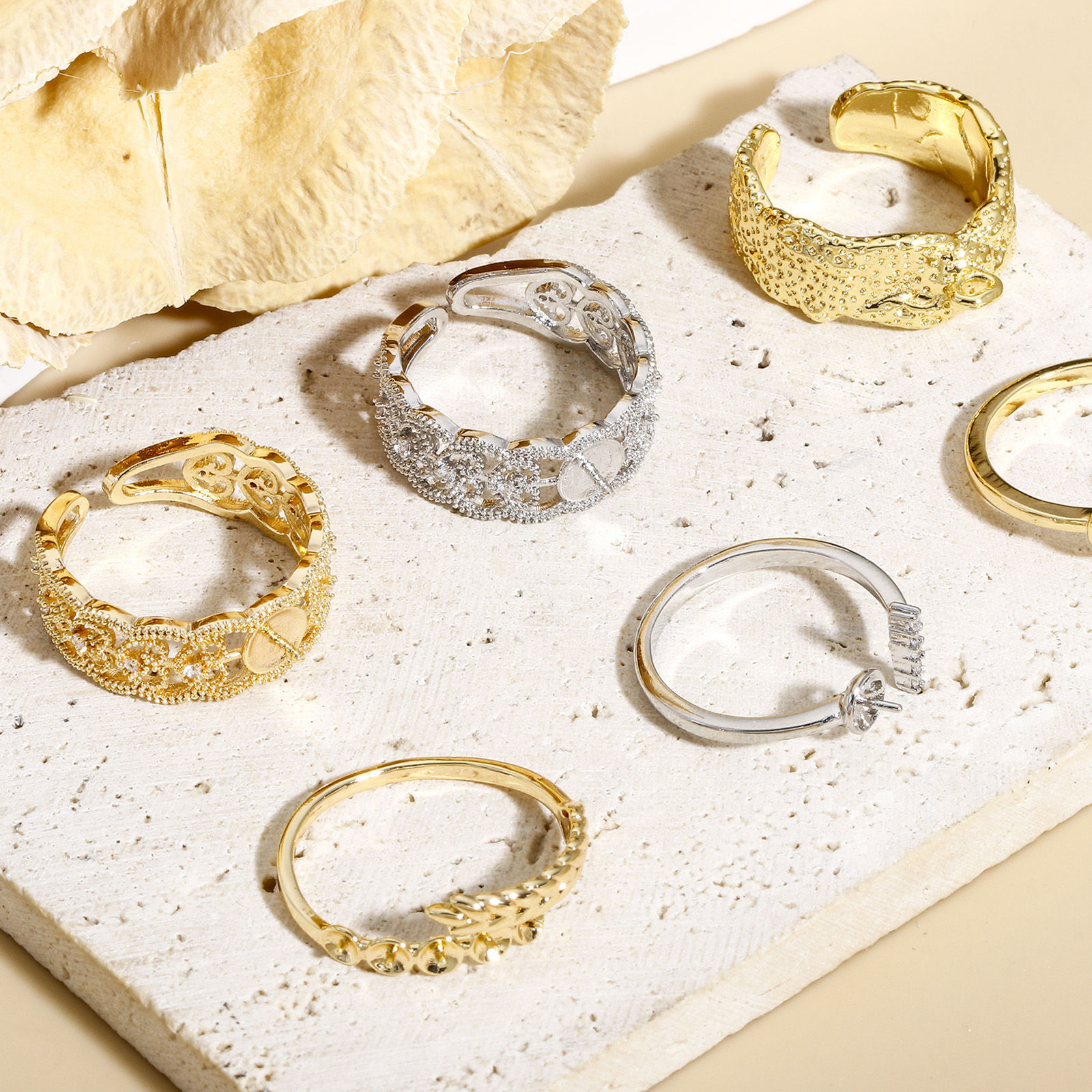 Picture of Brass Stylish Open Adjustable Semi Mount Ring For DIY Pearl Setting Lace Real Gold Plated Clear Rhinestone