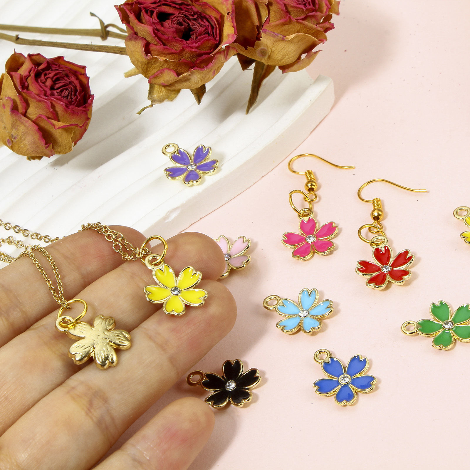 Picture of Zinc Based Alloy Charms Gold Plated Multicolor Sakura Flower Enamel Clear Rhinestone 17mm x 14mm