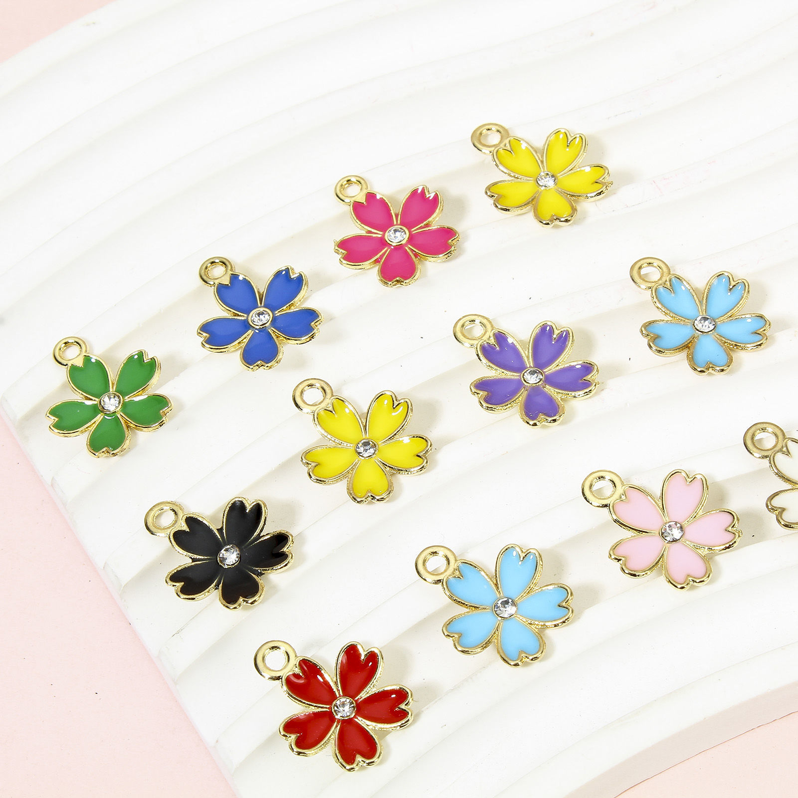 Picture of Zinc Based Alloy Charms Gold Plated Multicolor Sakura Flower Enamel Clear Rhinestone 17mm x 14mm