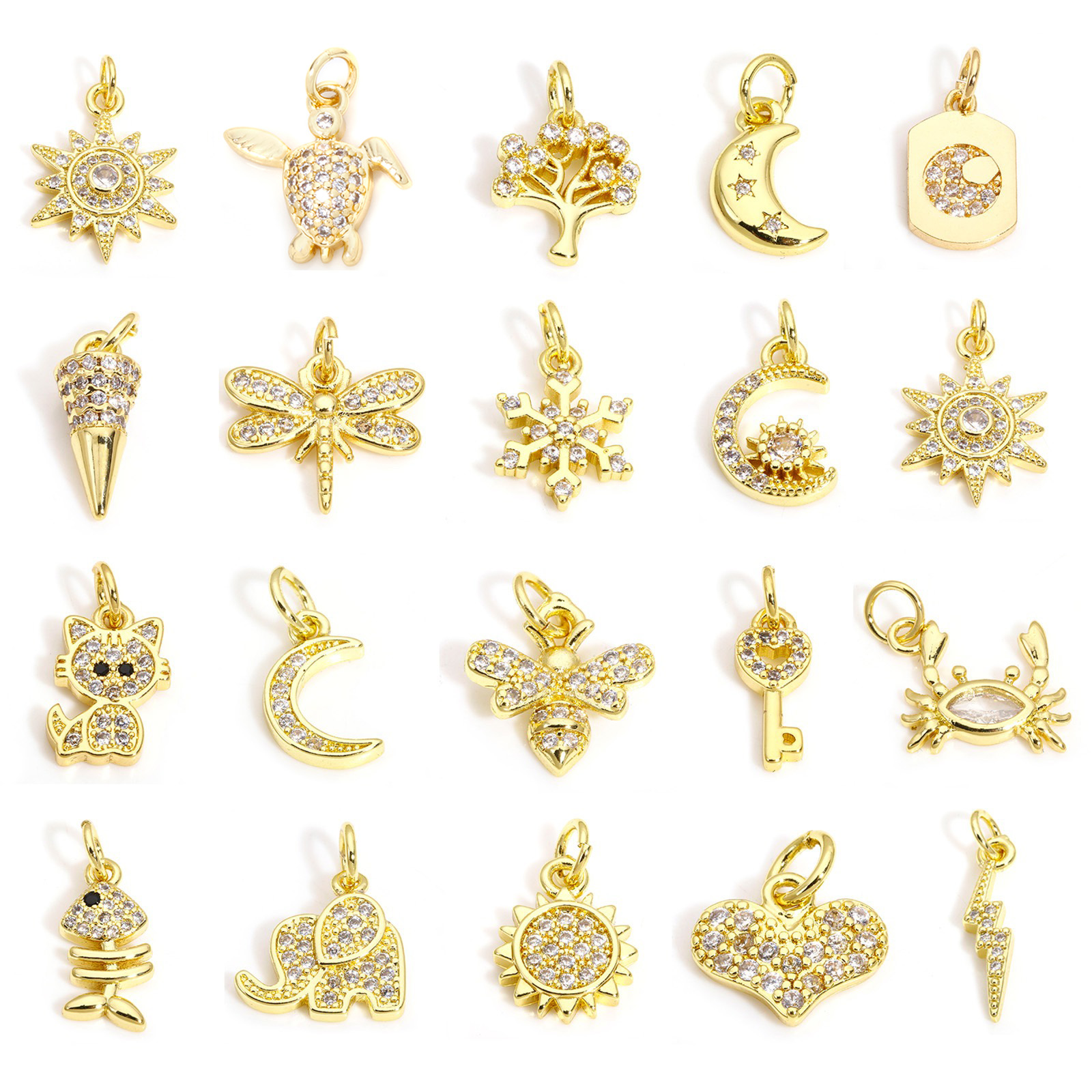 Bild von 2 Stück Messing Charms 18K Gold plattiert Sonne Insekt Klar Zirkonia