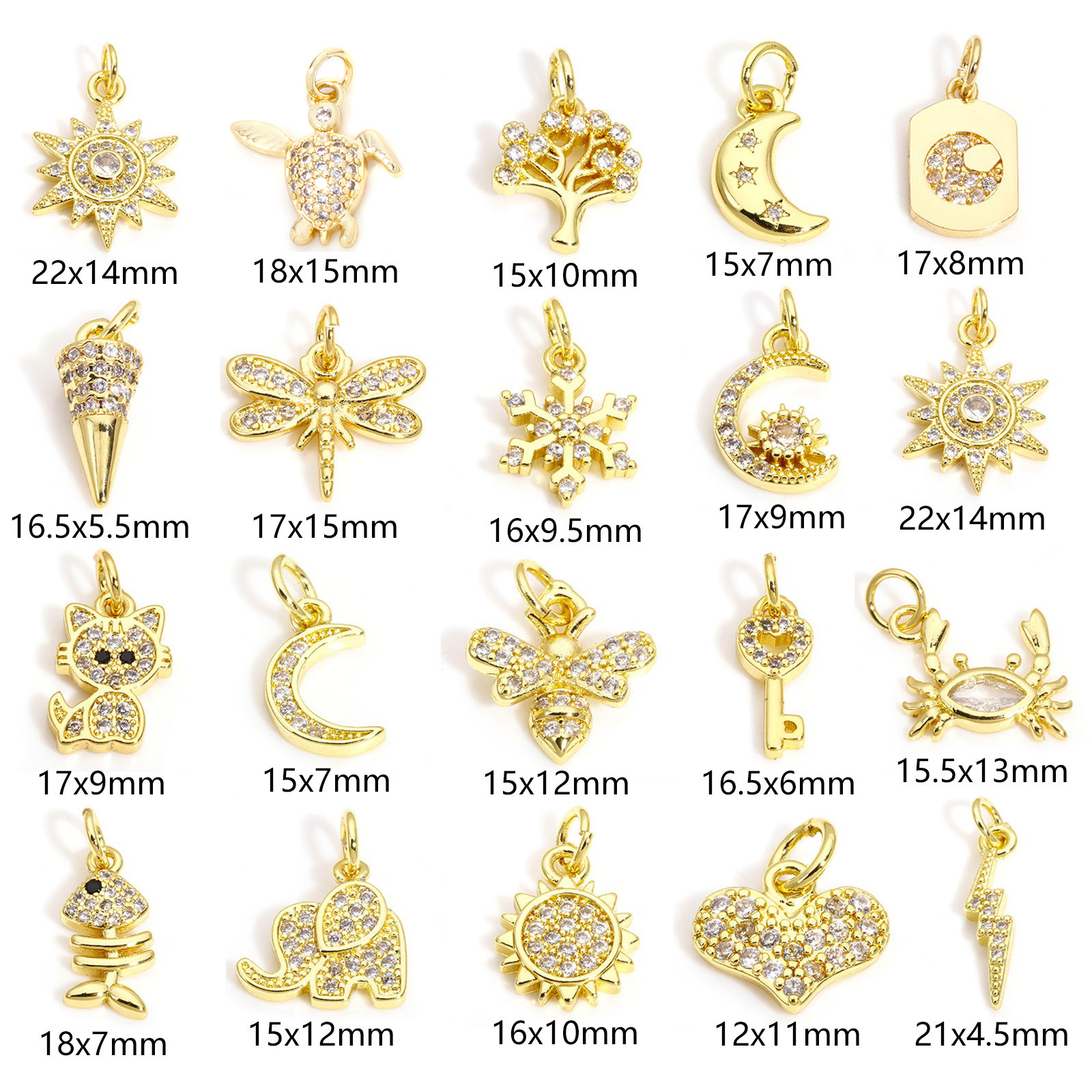 Bild von 2 Stück Messing Charms 18K Gold plattiert Sonne Insekt Klar Zirkonia