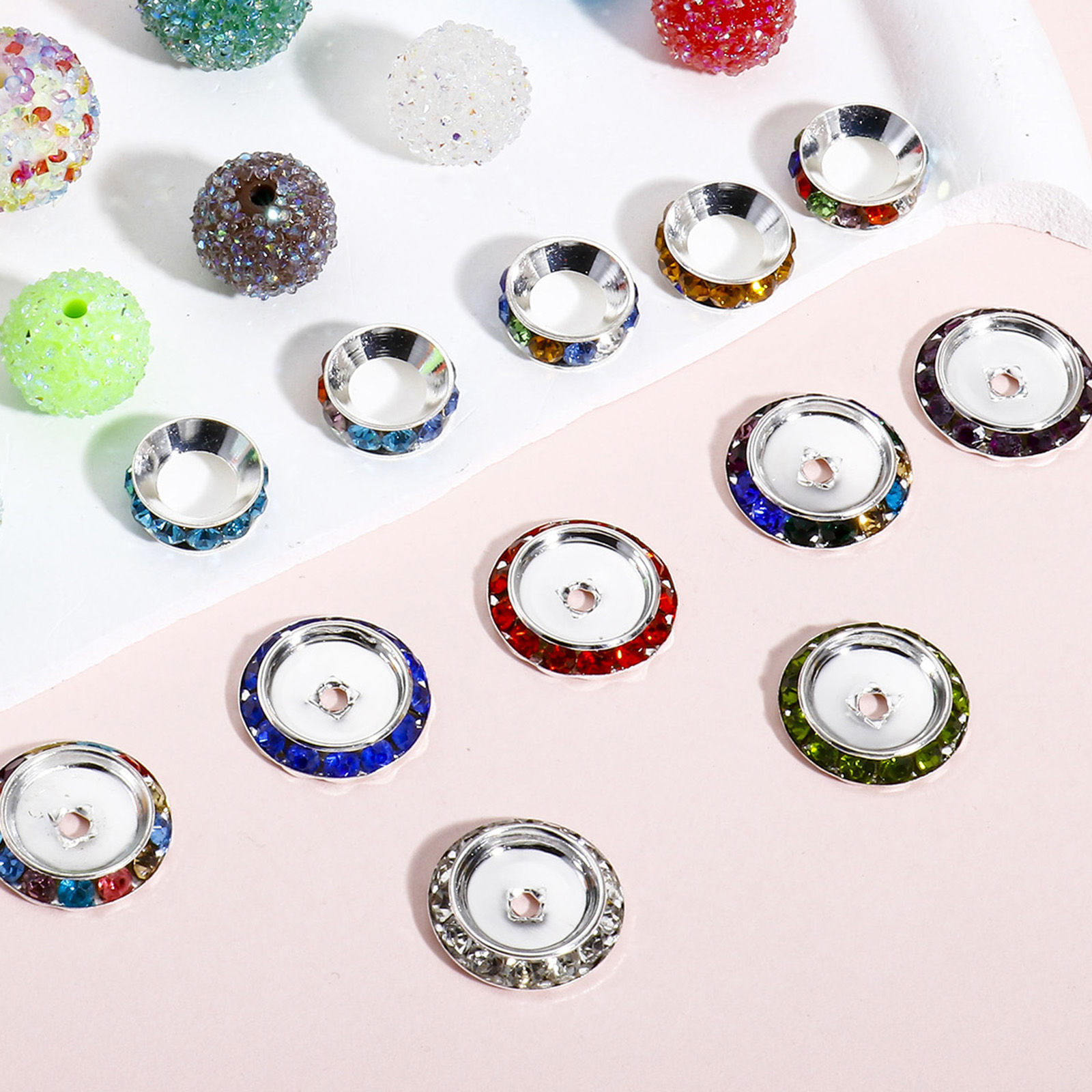 Picture of Iron Based Alloy Spacer Beads For DIY Jewelry Making Silver Tone At Random Mixed Color Rhinestone