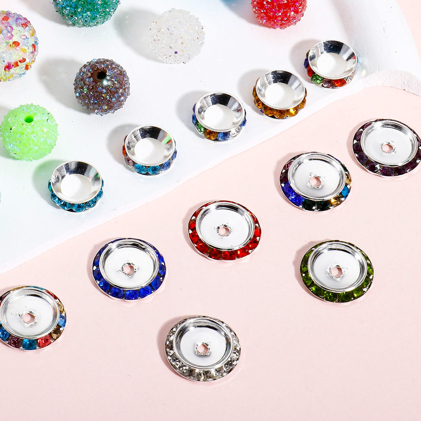 Picture of Iron Based Alloy Spacer Beads For DIY Jewelry Making Silver Tone At Random Mixed Color Rhinestone