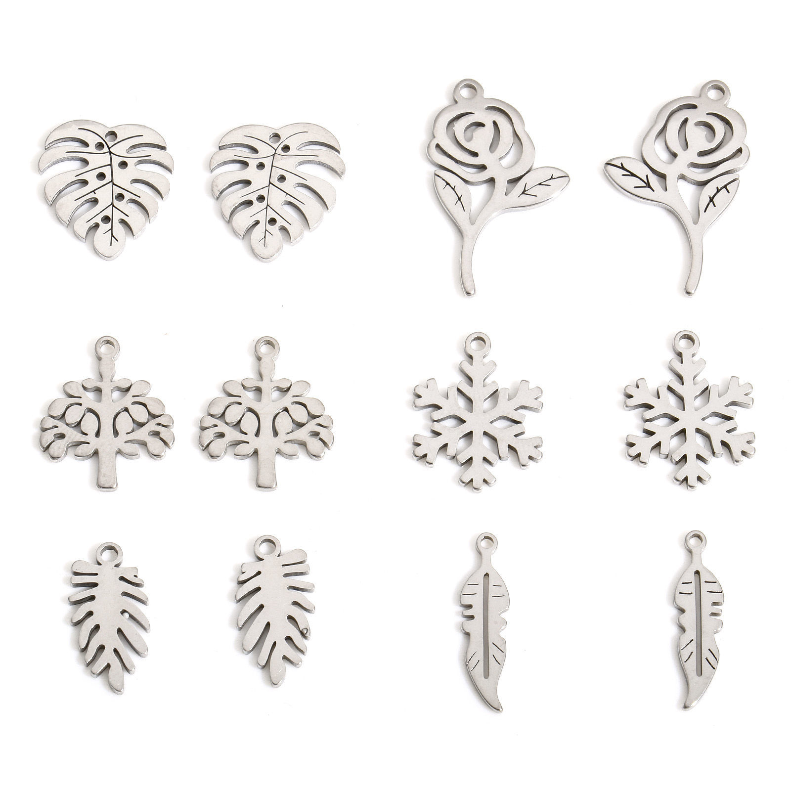 Picture of Eco-friendly 304 Stainless Steel Exquisite Charms Silver Tone Rose Flower Flower Leaves Hollow