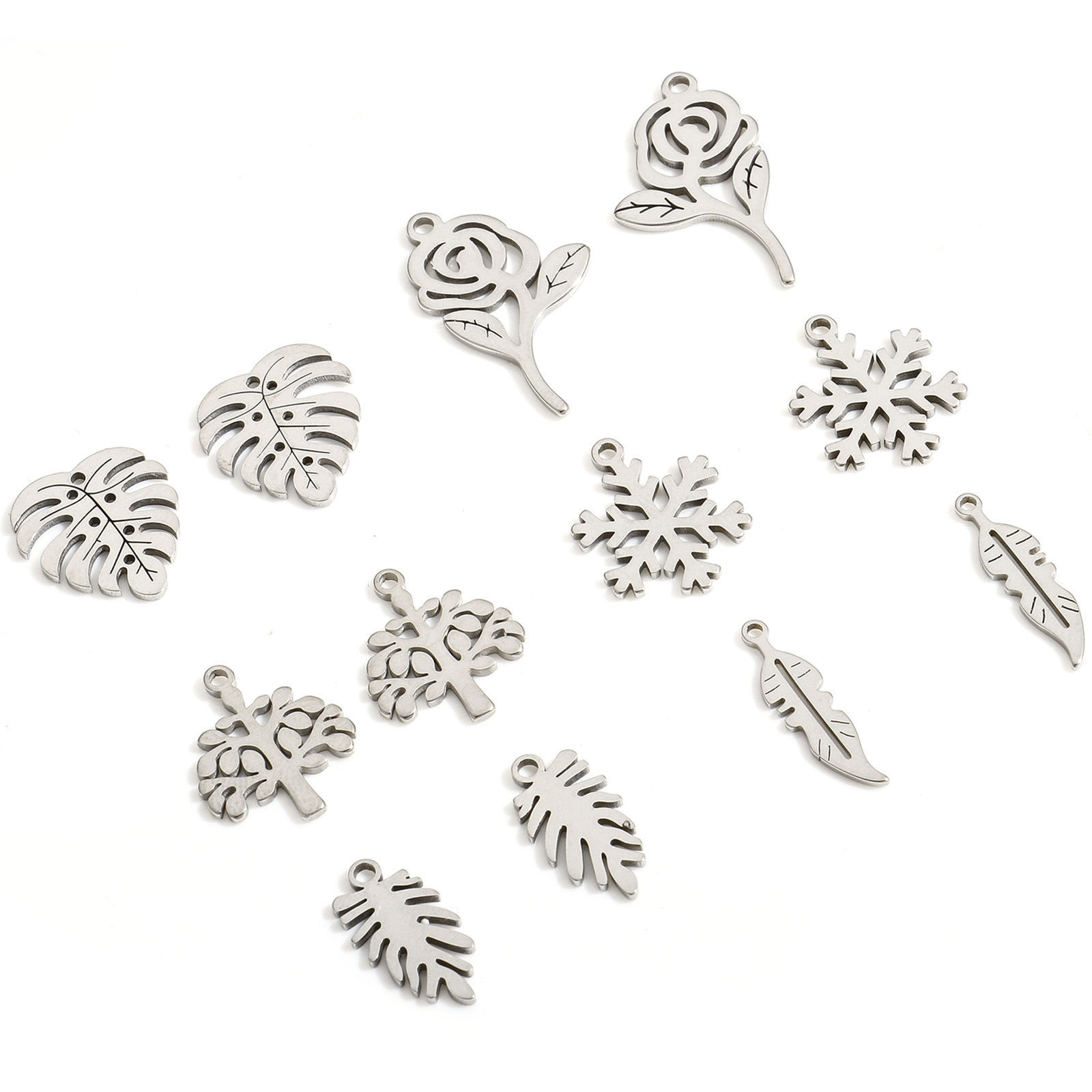 Picture of Eco-friendly 304 Stainless Steel Exquisite Charms Silver Tone Rose Flower Flower Leaves Hollow
