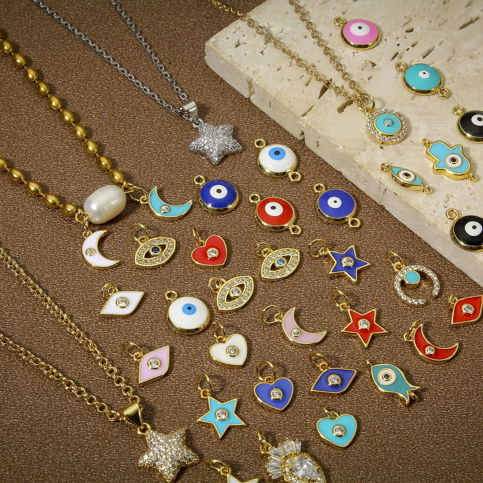 Picture of Charms 18K Real Gold Plated Half Moon Star Enamel Clear Cubic Zirconia