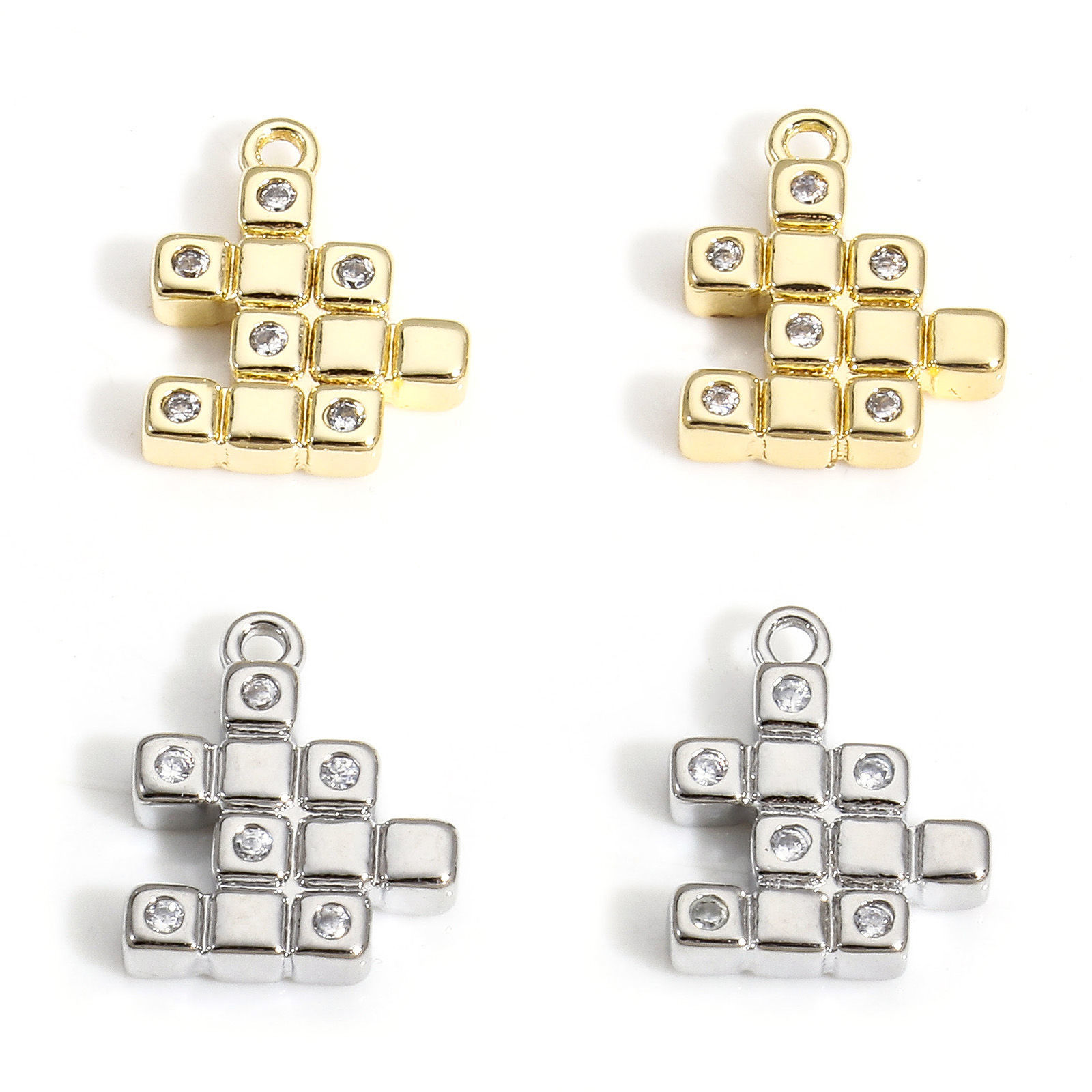 Picture of Brass Charms Real Gold Plated Rubik's Cube/ Magic Cube Clear Cubic Zirconia Tetris 12mm x 10mm