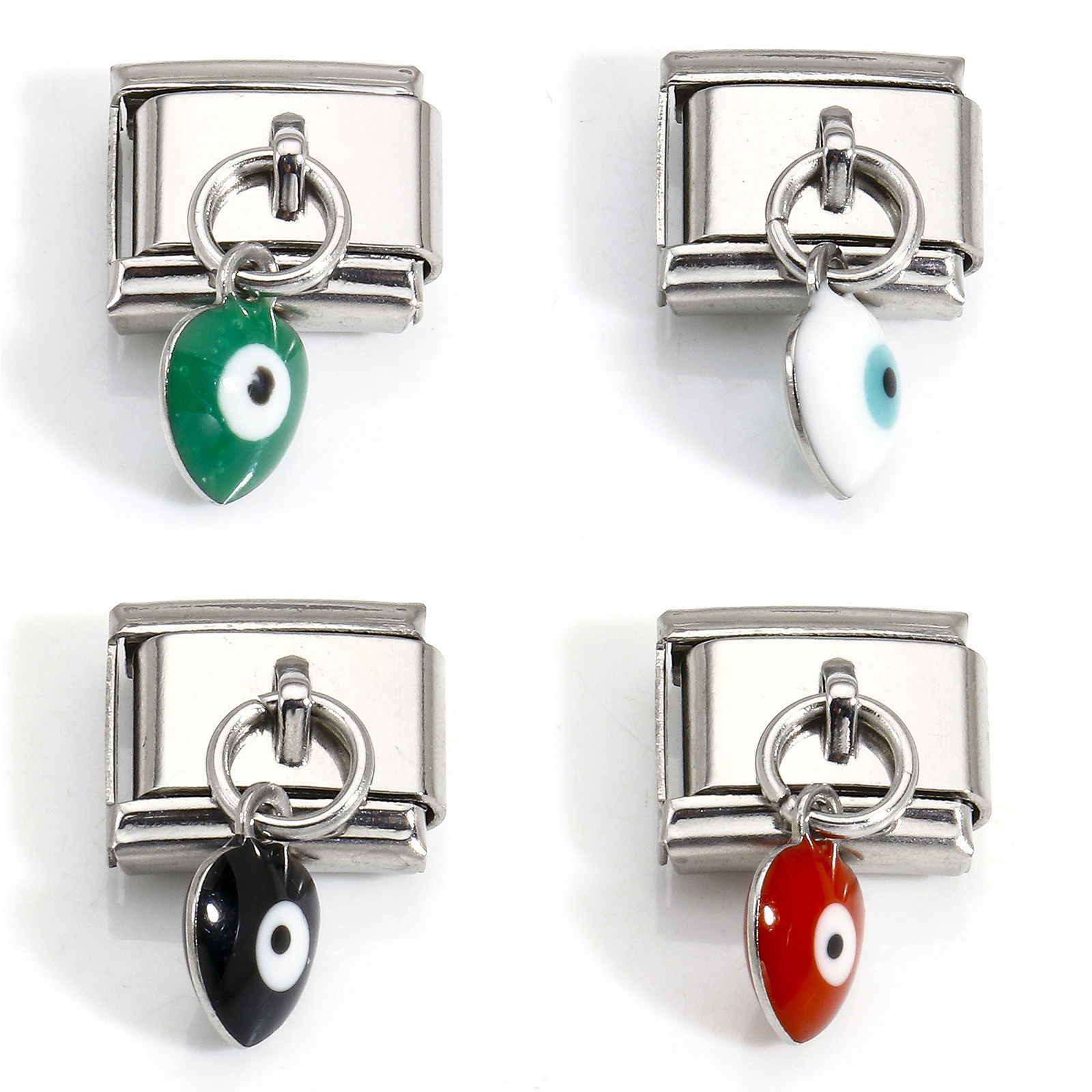 Picture of 304 Stainless Steel Italian Charm Links For DIY Bracelet Jewelry Making Silver Tone Rectangle Evil Eye Double-sided Enamel 10mm x 9mm