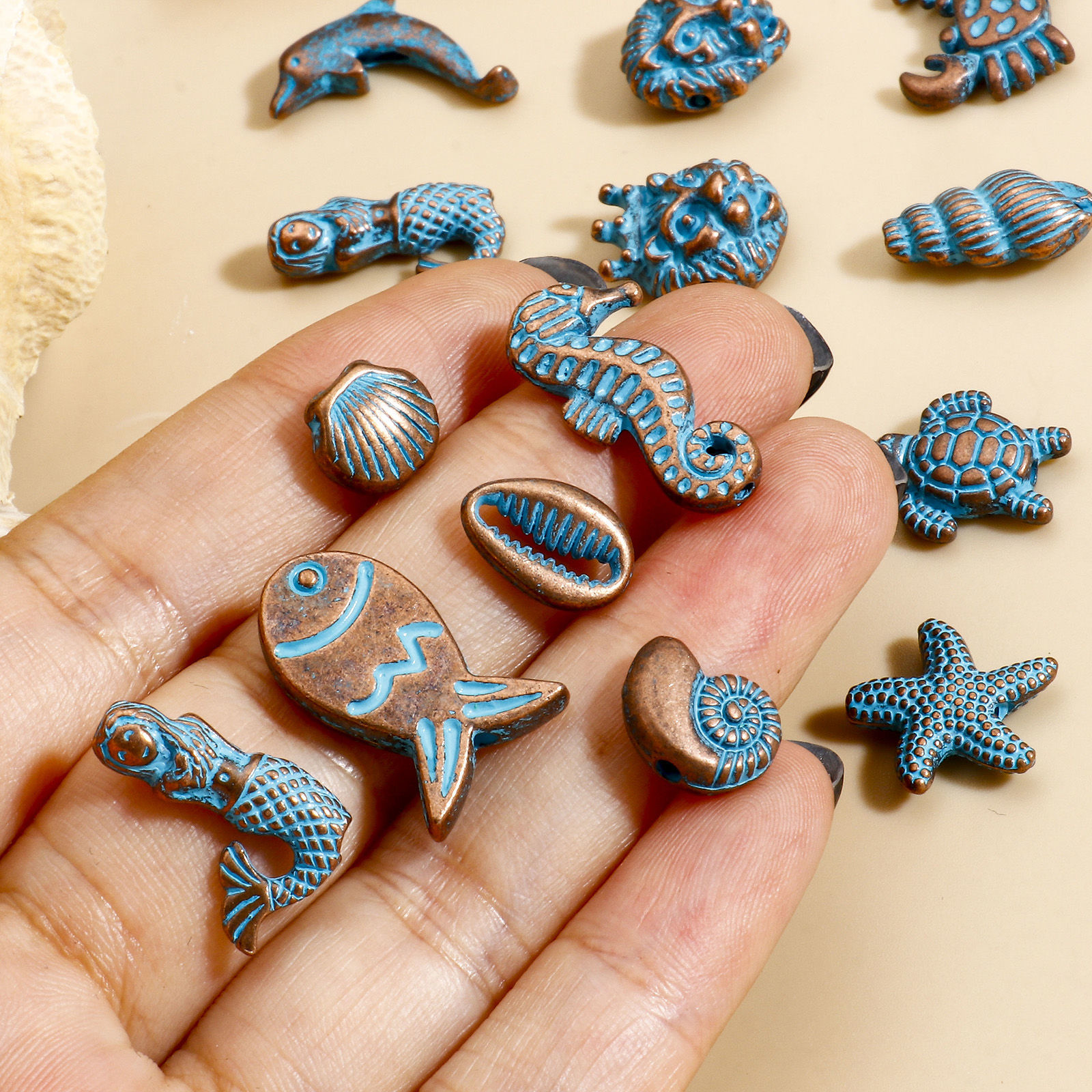 Picture of Zinc Based Alloy Ocean Jewelry Spacer Beads For DIY Jewelry Making Antique Copper Blue Star Fish Mermaid Patina