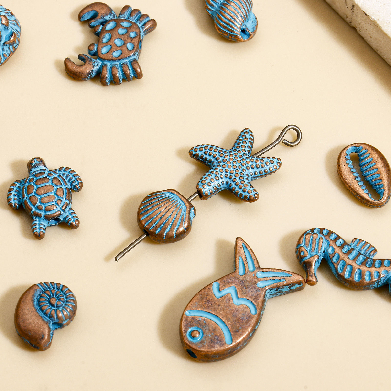 Picture of Zinc Based Alloy Ocean Jewelry Spacer Beads For DIY Jewelry Making Antique Copper Blue Star Fish Mermaid Patina