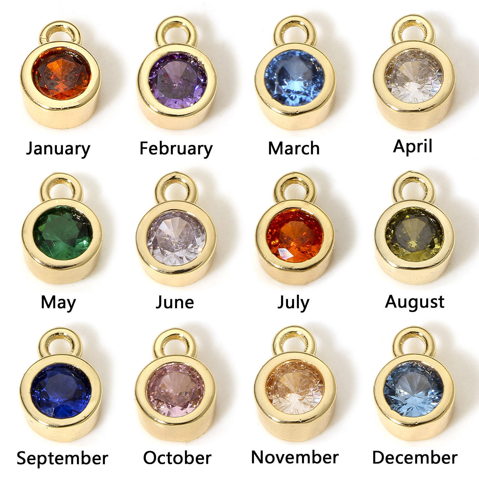 Imagen de 2 Unidades Latón piedra del zodíaco Colgantes Charms Ronda 18K Oro Real Chapado Multicolor Circón Artificial 8mm x 5.5mm