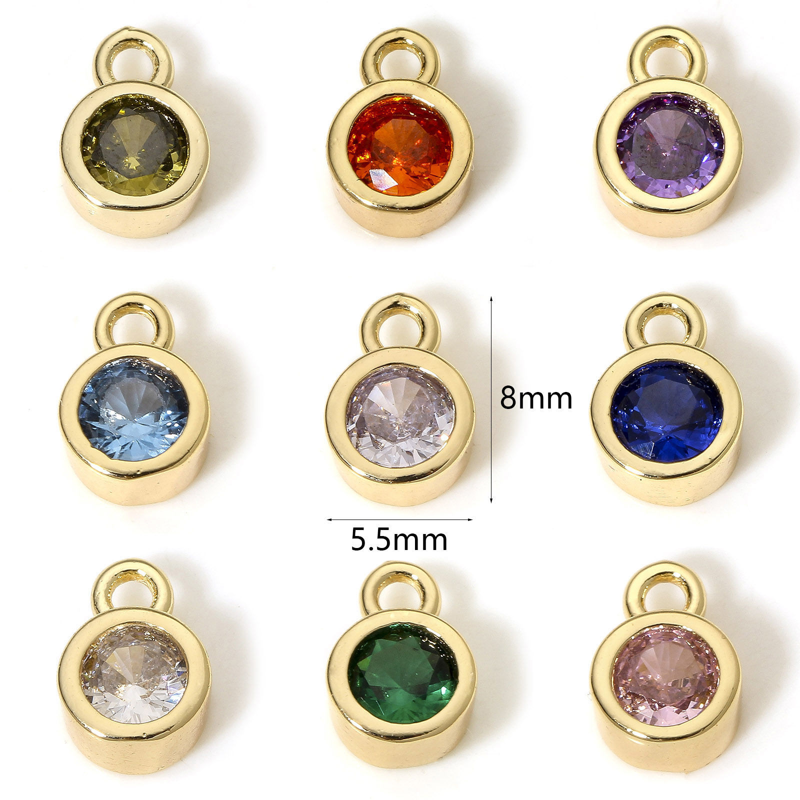 Imagen de 2 Unidades Latón piedra del zodíaco Colgantes Charms Ronda 18K Oro Real Chapado Multicolor Circón Artificial 8mm x 5.5mm