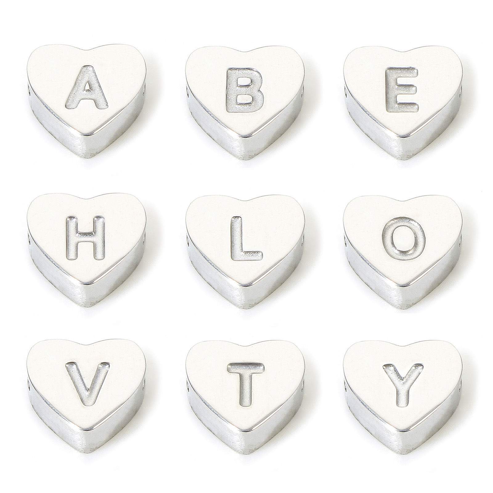 Picture of Eco-friendly 304 Stainless Steel Valentine's Day Beads For DIY Jewelry Making Heart Silver Tone Initial Alphabet/ Capital Letter