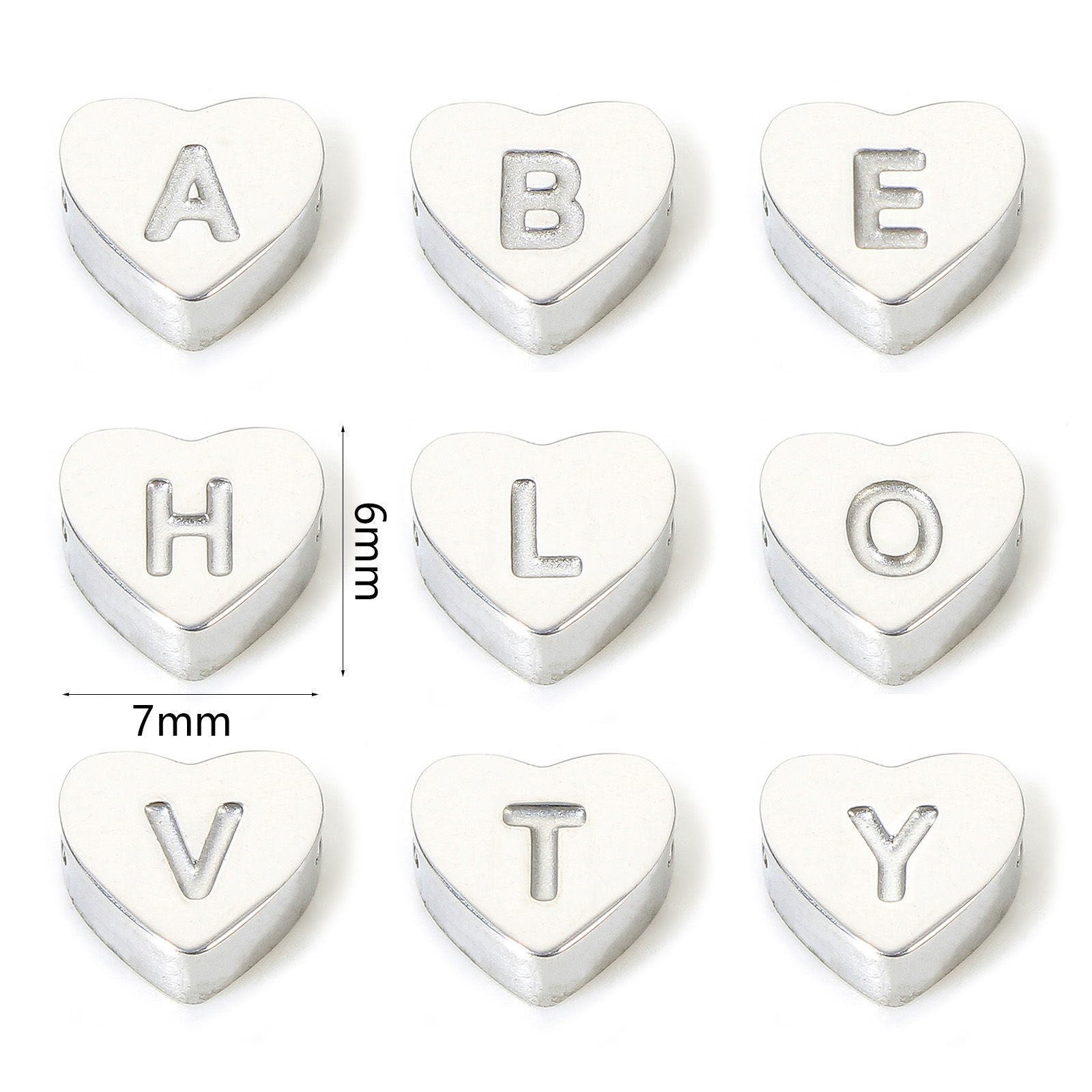 Picture of Eco-friendly 304 Stainless Steel Valentine's Day Beads For DIY Jewelry Making Heart Silver Tone Initial Alphabet/ Capital Letter