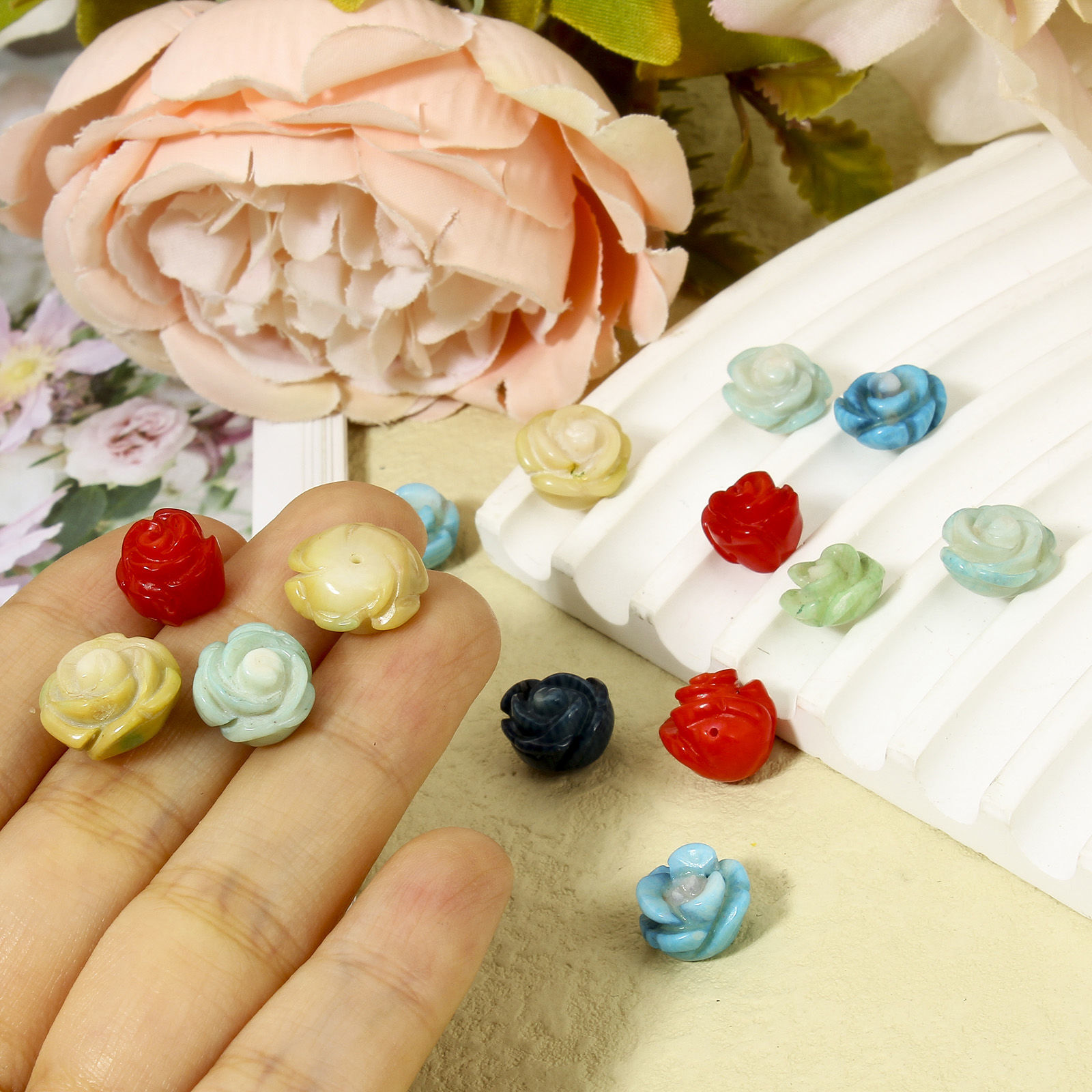 Picture of Coral ( Natural Dyed ) (Half Drilled) Beads For DIY Jewelry Making Rose Flower About 13x13mm - 10x10mm, Hole: Approx 0.8mm