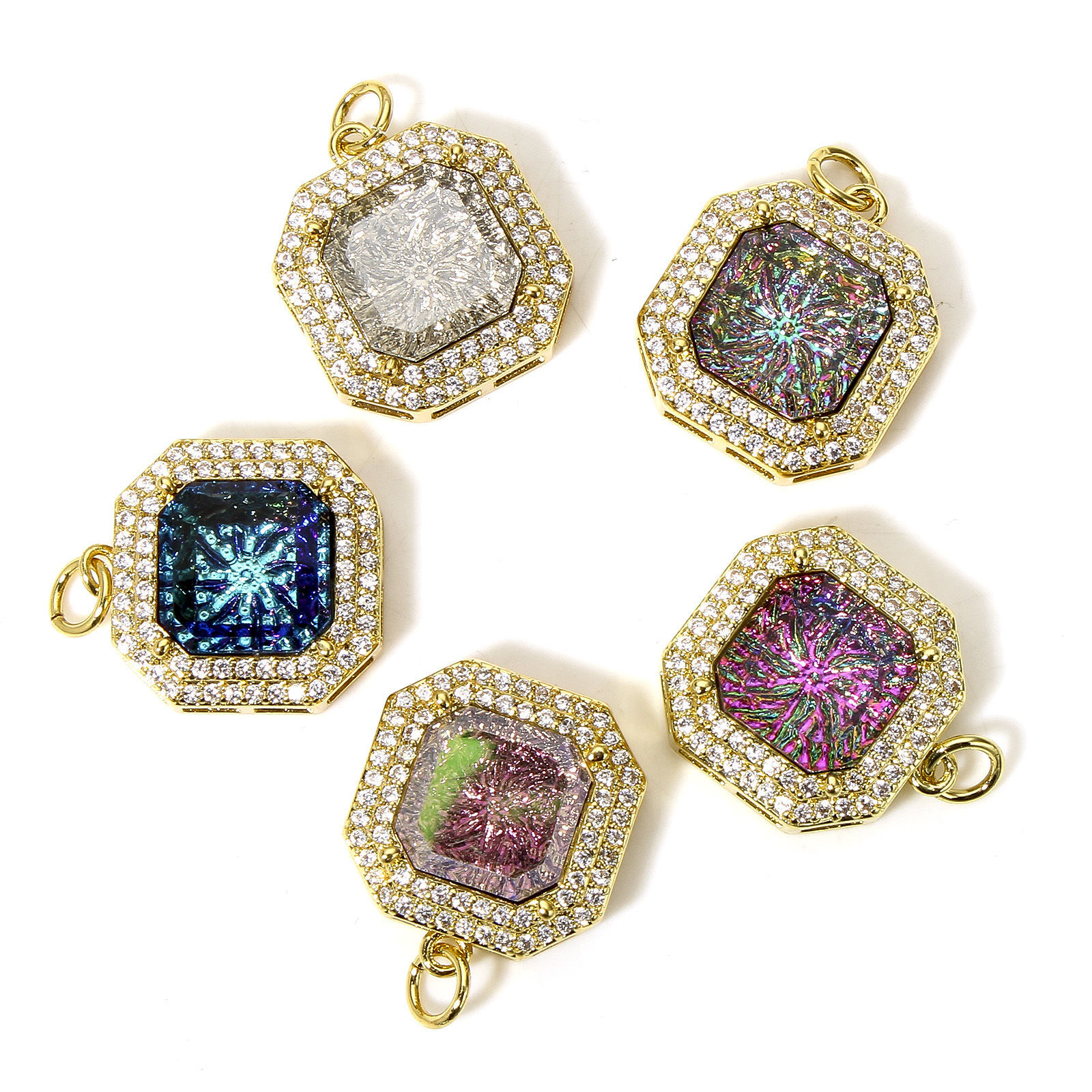 Picture of Eco-friendly Brass Geometric Charms 18K Real Gold Plated Micro Pave Clear Cubic Zirconia 22mm x 17mm