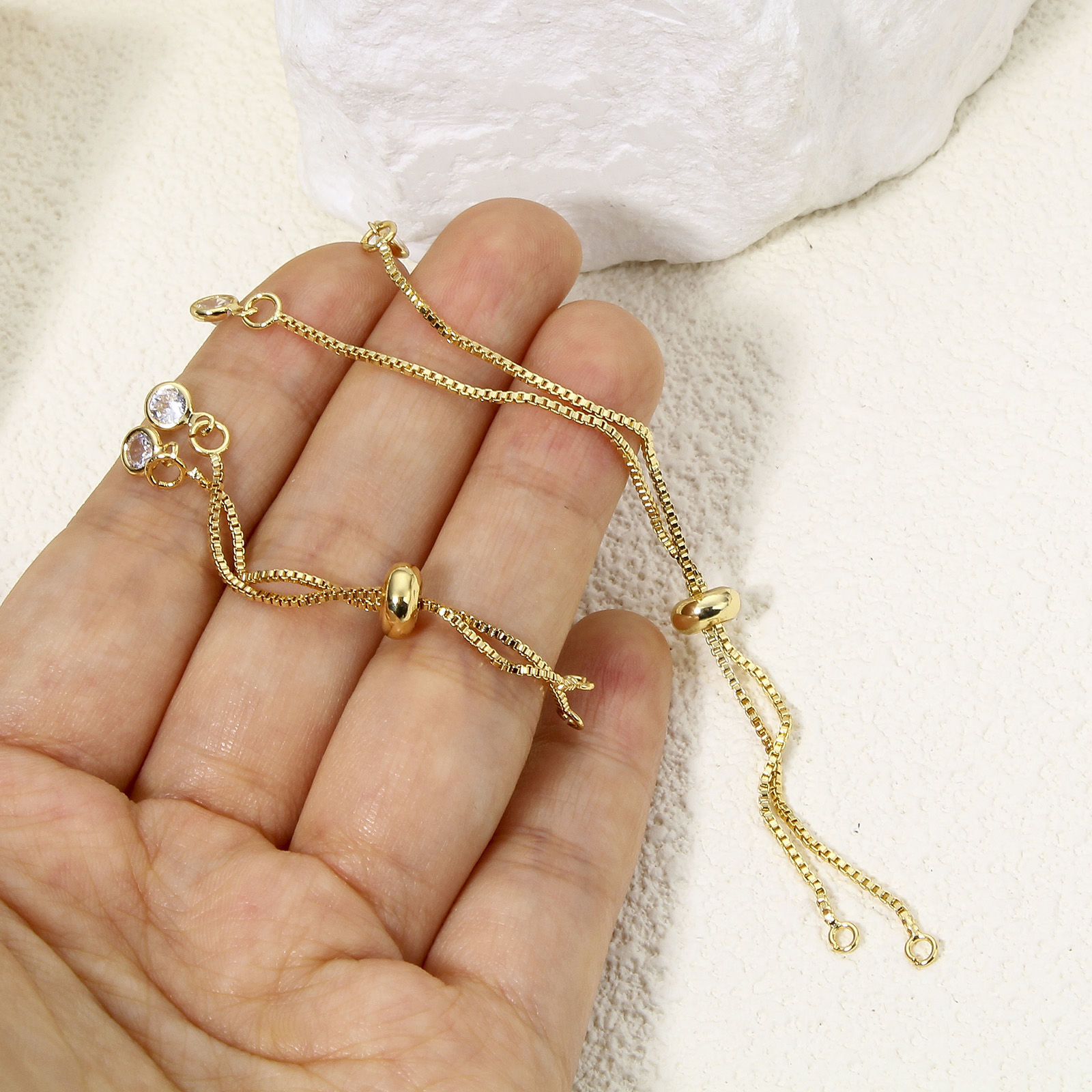 Picture of 1 Piece Eco-friendly Vacuum Plating Brass Simple Box Chain Semi-finished Adjustable Slider/ Slide Bolo Bracelets Base For DIY Handmade Jewelry Making Real Gold Plated Clear Rhinestone