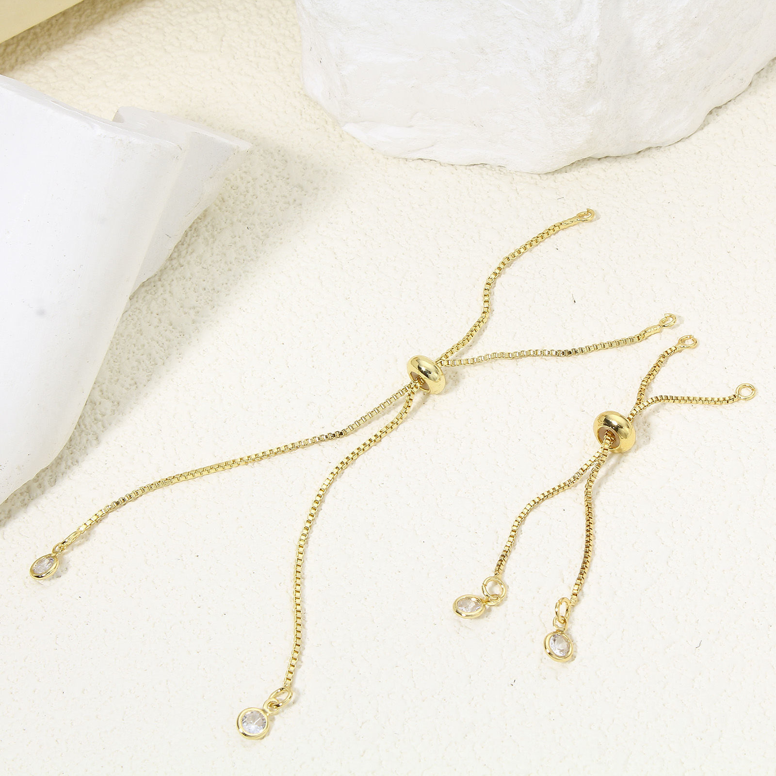 Picture of 1 Piece Eco-friendly Vacuum Plating Brass Simple Box Chain Semi-finished Adjustable Slider/ Slide Bolo Bracelets Base For DIY Handmade Jewelry Making Real Gold Plated Clear Rhinestone
