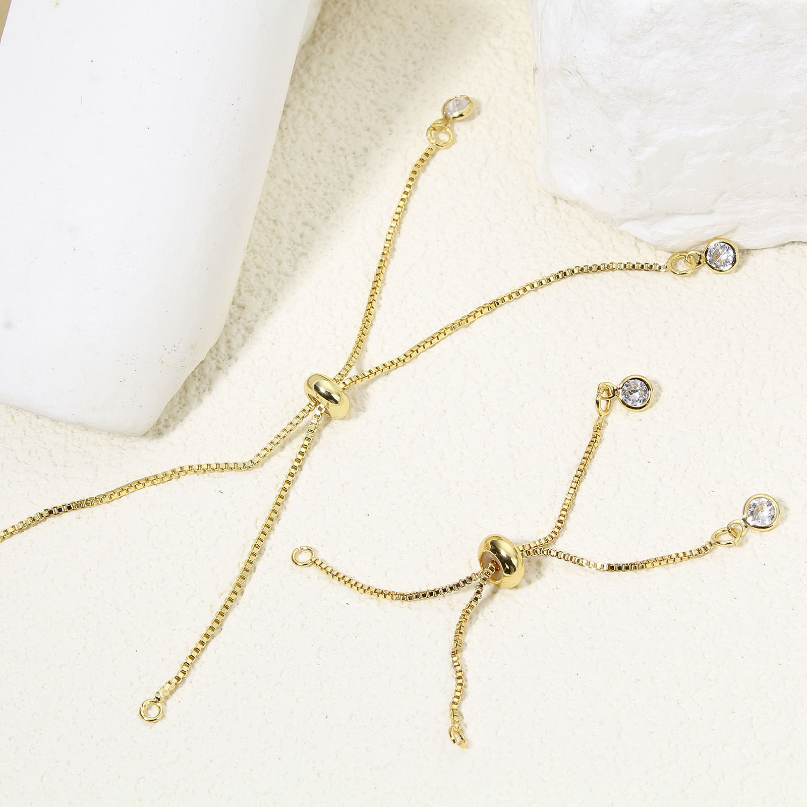 Picture of 1 Piece Eco-friendly Vacuum Plating Brass Simple Box Chain Semi-finished Adjustable Slider/ Slide Bolo Bracelets Base For DIY Handmade Jewelry Making Real Gold Plated Clear Rhinestone