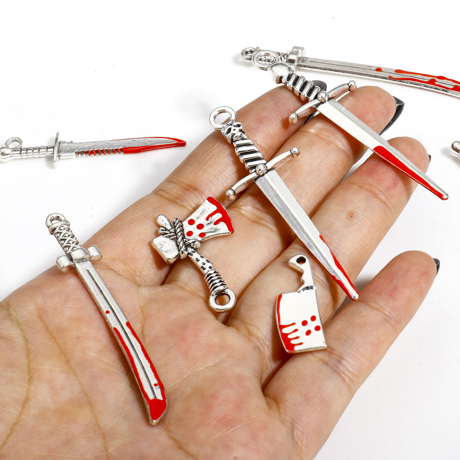 Picture of Zinc Based Alloy Halloween Pendants Antique Silver Color Red Knife Enamel