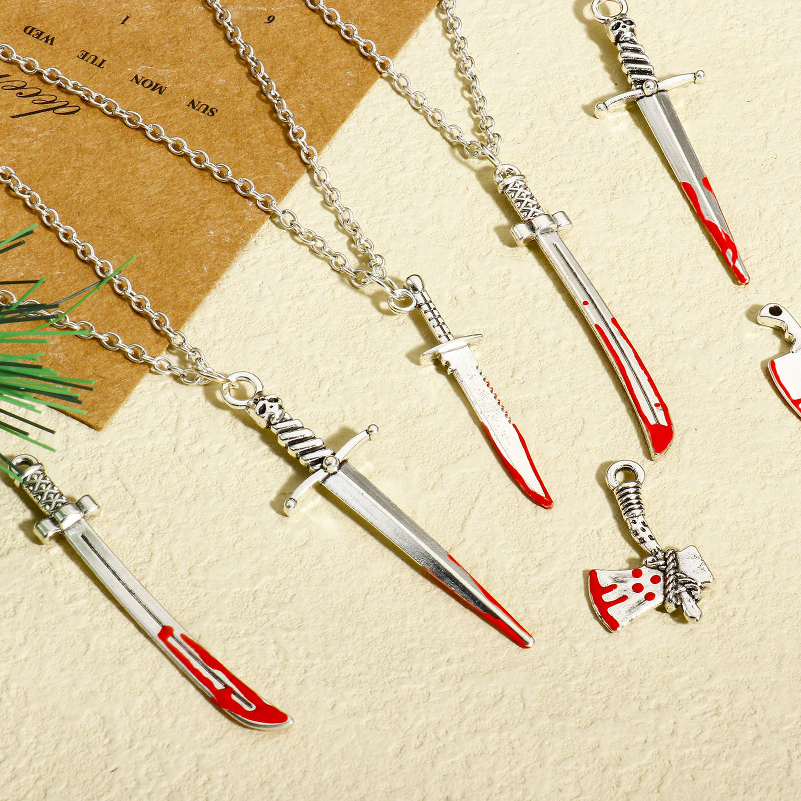 Picture of Zinc Based Alloy Halloween Pendants Antique Silver Color Red Knife Enamel