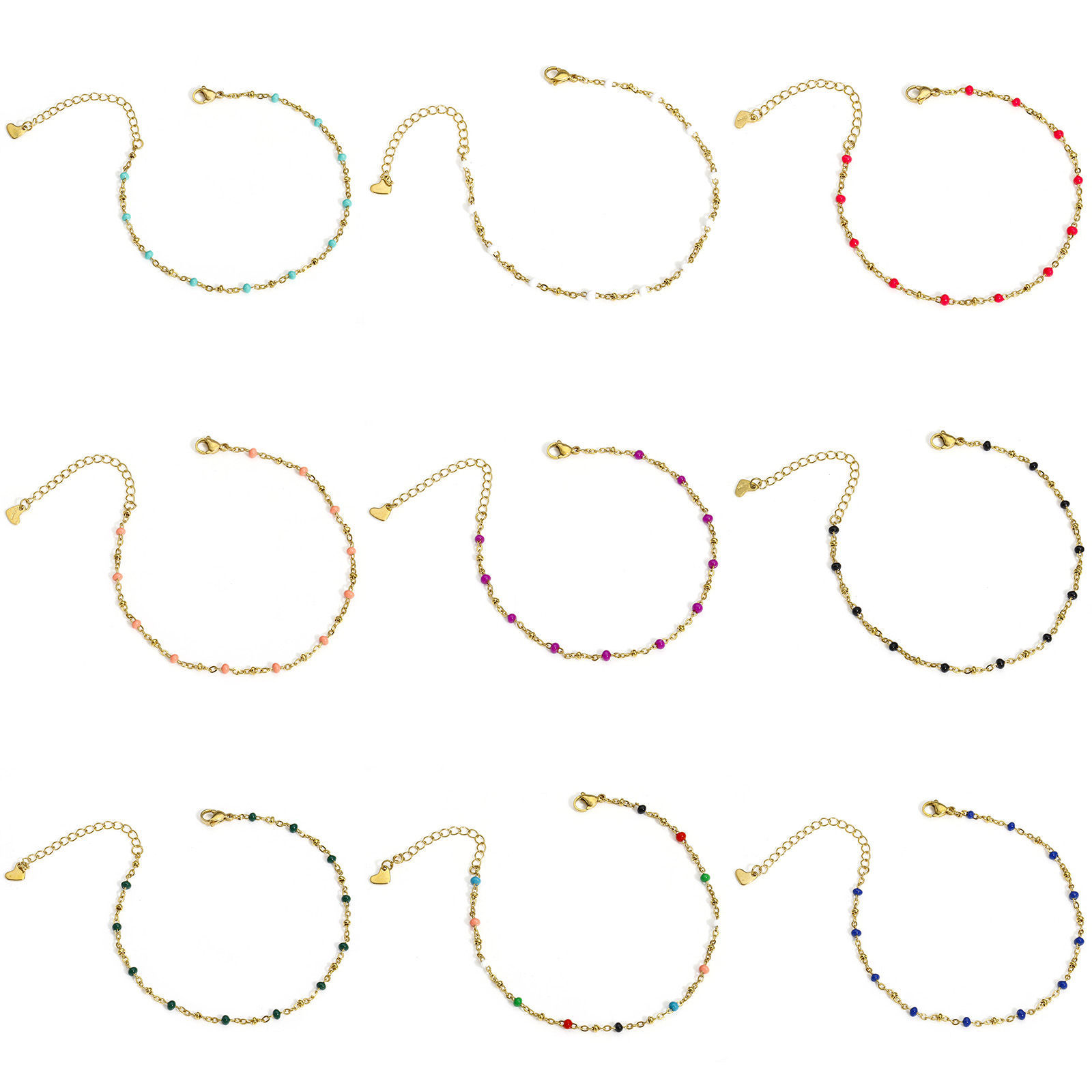Imagen de 1 Unidad Enchapado al Vacío 304 Acero Inoxidable Cadena de Eslabones Hechos a Mano Tobilleras Chapado en Oro de 18K Esmalte 22cm longitud
