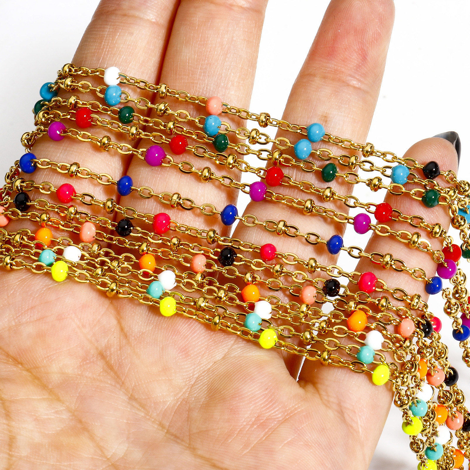 Imagen de 1 Unidad Enchapado al Vacío 304 Acero Inoxidable Cadena de Eslabones Hechos a Mano Tobilleras Chapado en Oro de 18K Esmalte 22cm longitud