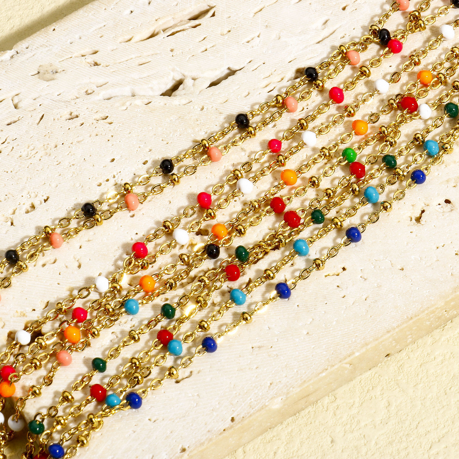 Imagen de 1 Unidad Enchapado al Vacío 304 Acero Inoxidable Cadena de Eslabones Hechos a Mano Tobilleras Chapado en Oro de 18K Esmalte 22cm longitud