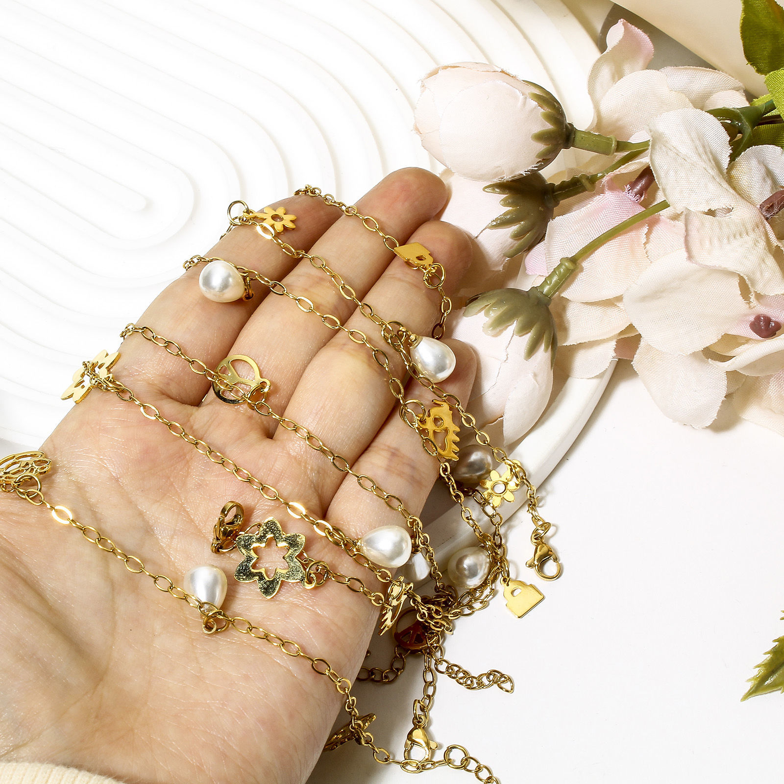 Picture of 304 Stainless Steel Link Cable Chain Anklet Gold Plated With Lobster Claw Clasp And Extender Chain Rose Flower 23cm(9") long