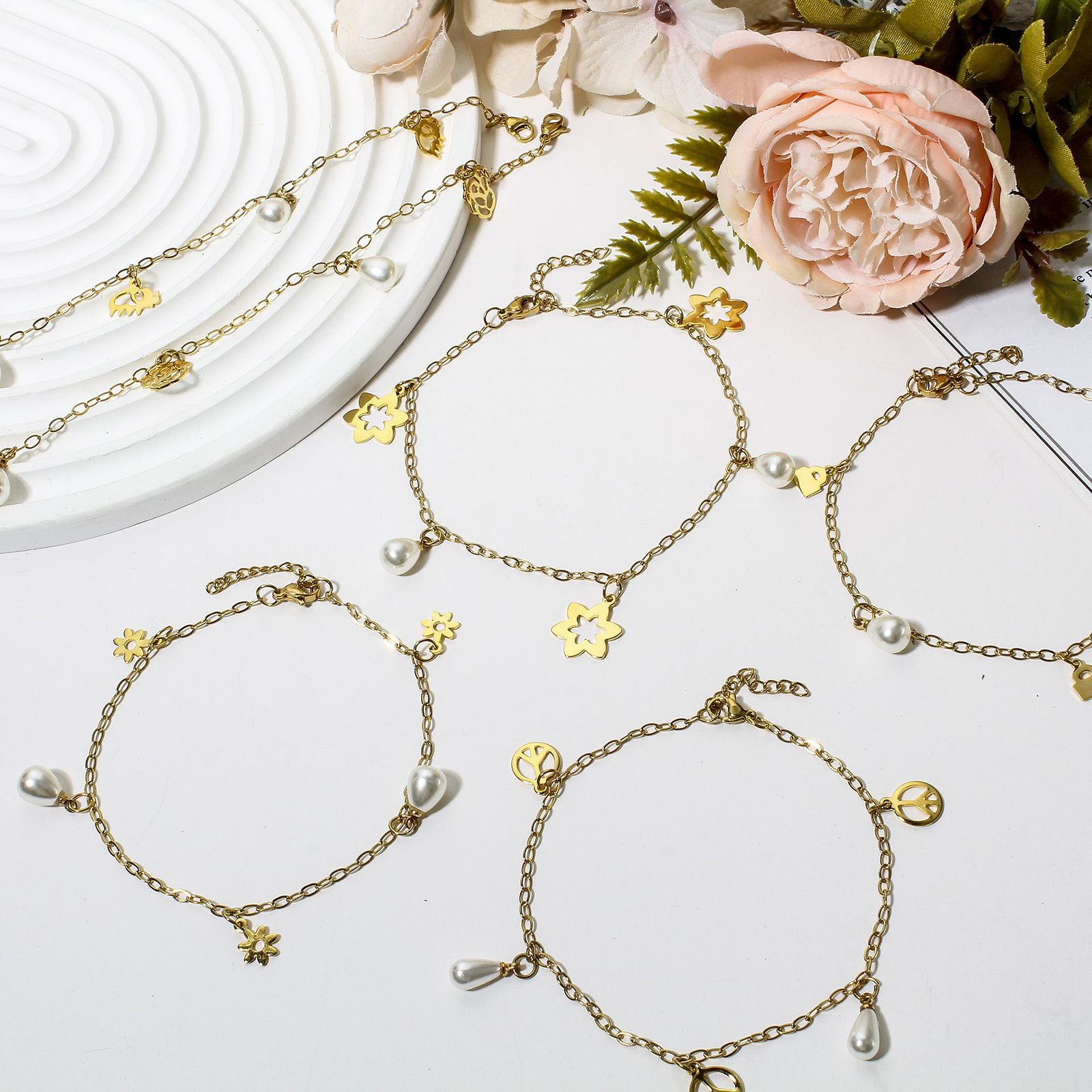 Picture of 304 Stainless Steel Link Cable Chain Anklet Gold Plated With Lobster Claw Clasp And Extender Chain Rose Flower 23cm(9") long