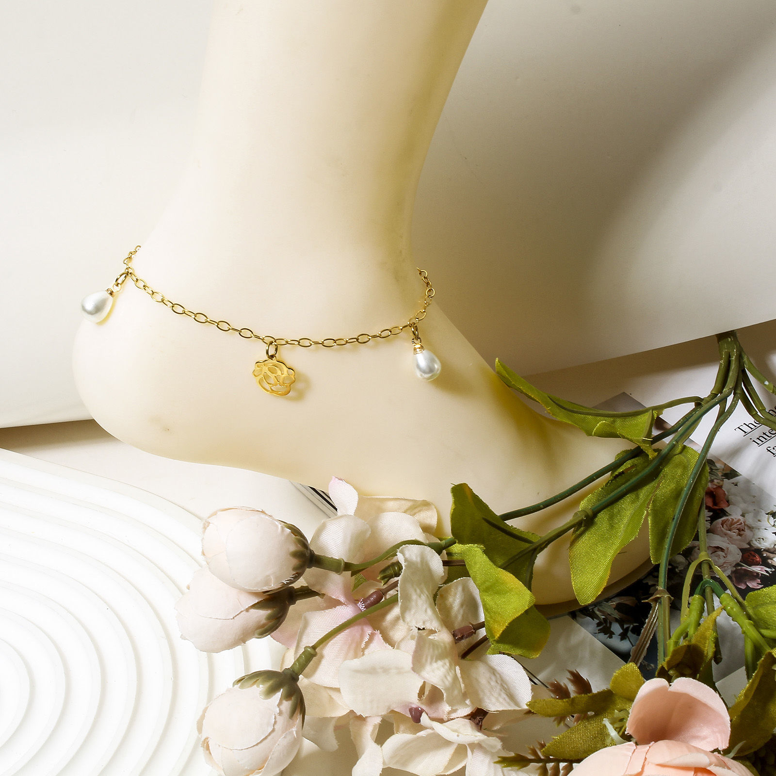 Picture of 304 Stainless Steel Link Cable Chain Anklet Gold Plated With Lobster Claw Clasp And Extender Chain Rose Flower 23cm(9") long