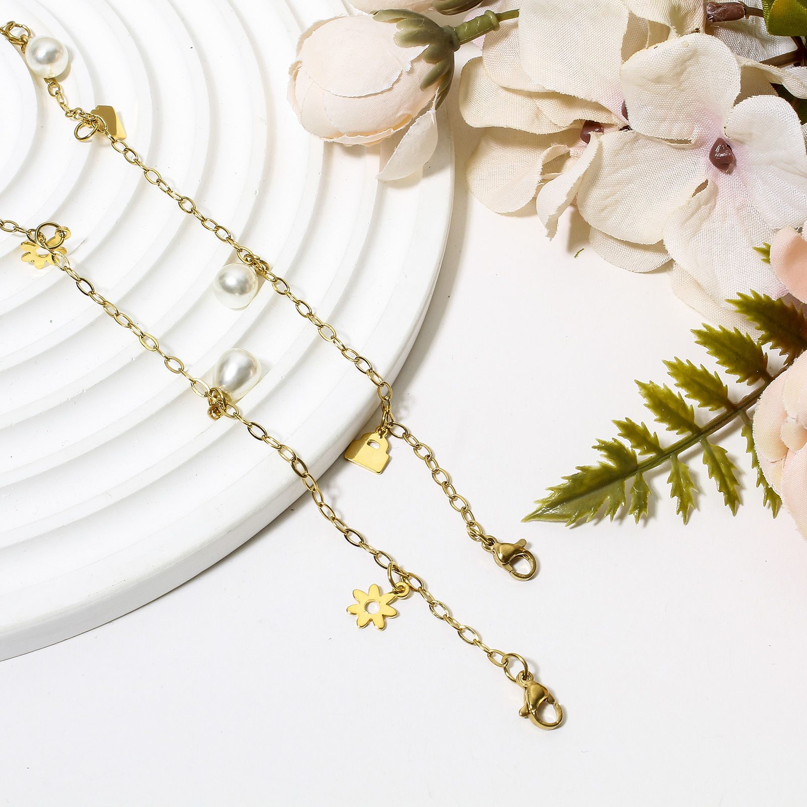 Picture of 304 Stainless Steel Link Cable Chain Anklet Gold Plated With Lobster Claw Clasp And Extender Chain Rose Flower 23cm(9") long