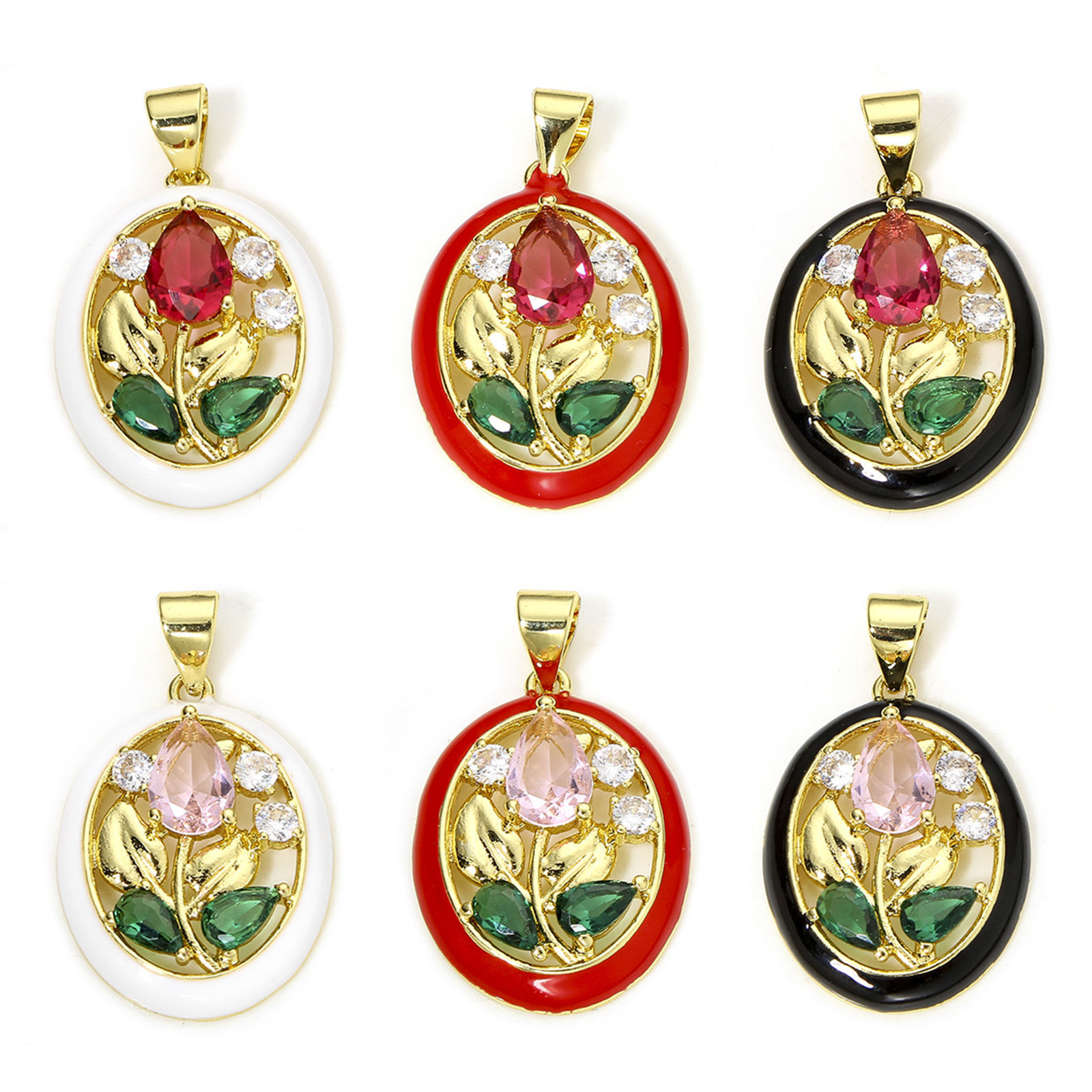 Imagen de 1 Unidad Respetuoso del Medio Ambiente Latón & Vidrio Colgantes Charms Óvalo 18K Oro Real Chapado Multicolor Flor de Tulipán Esmalte Multicolor Rhinestone 26mm x 16mm