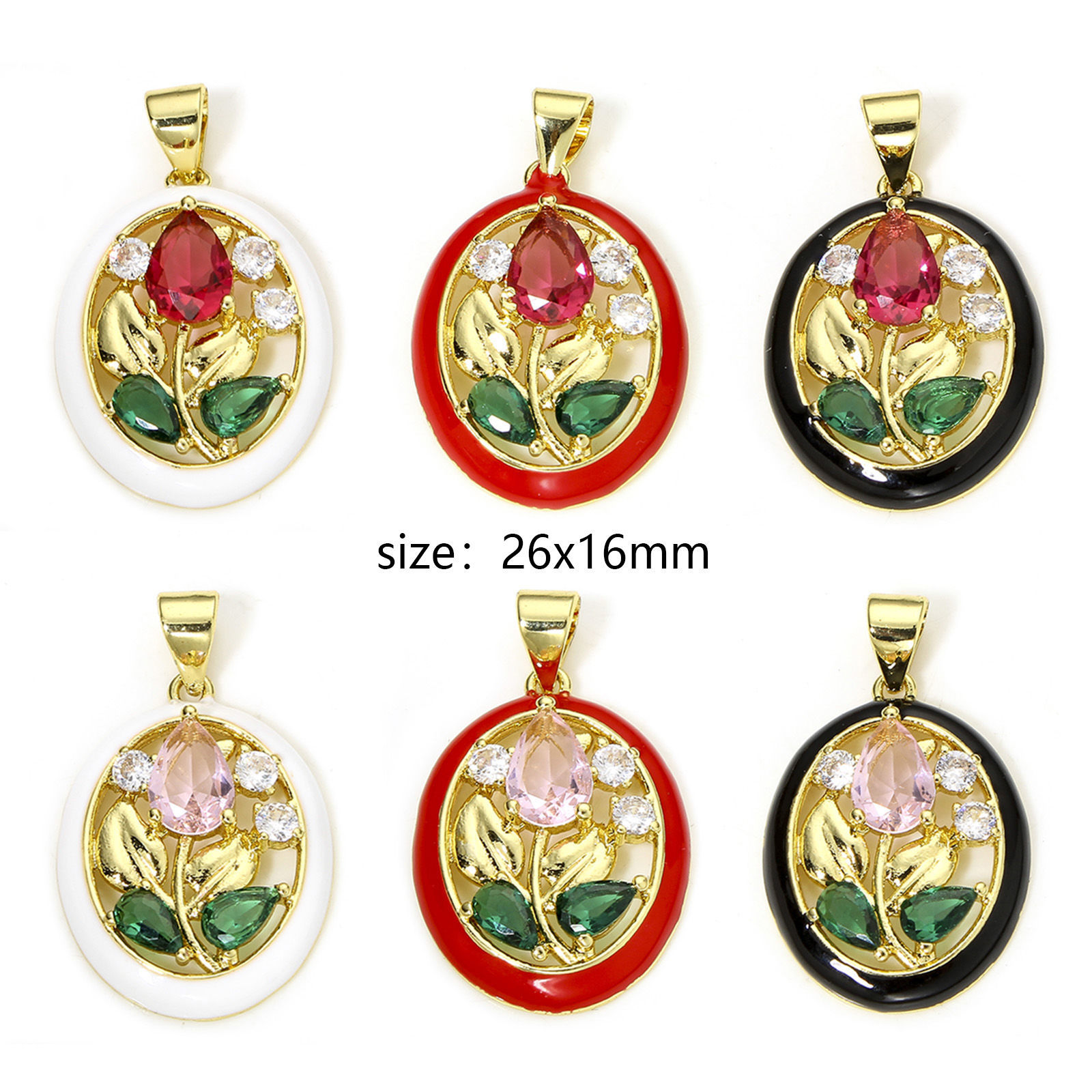 Imagen de 1 Unidad Respetuoso del Medio Ambiente Latón & Vidrio Colgantes Charms Óvalo 18K Oro Real Chapado Multicolor Flor de Tulipán Esmalte Multicolor Rhinestone 26mm x 16mm