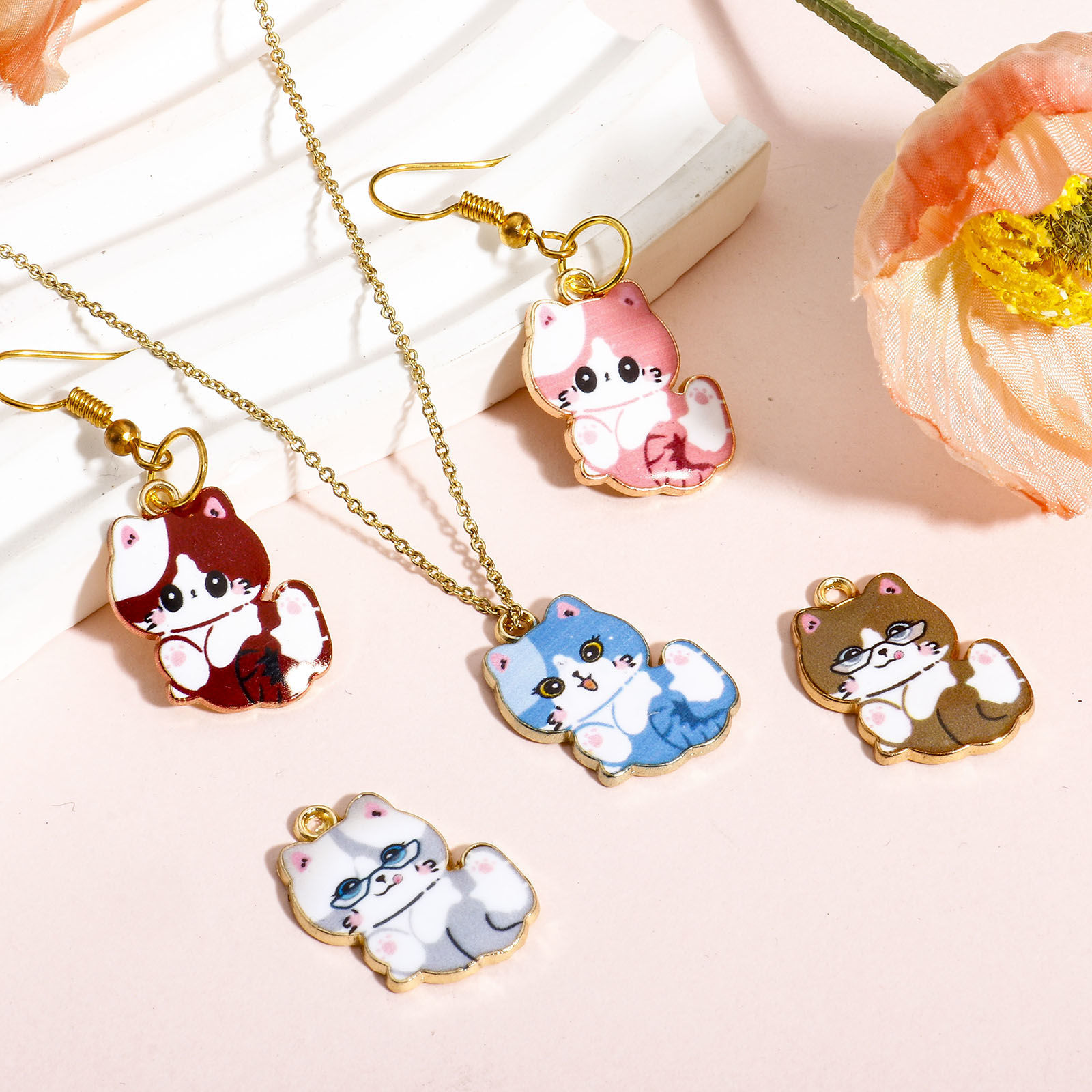 Picture of Zinc Based Alloy Charms Multicolor Cat Animal Enamel 22mm x 17mm