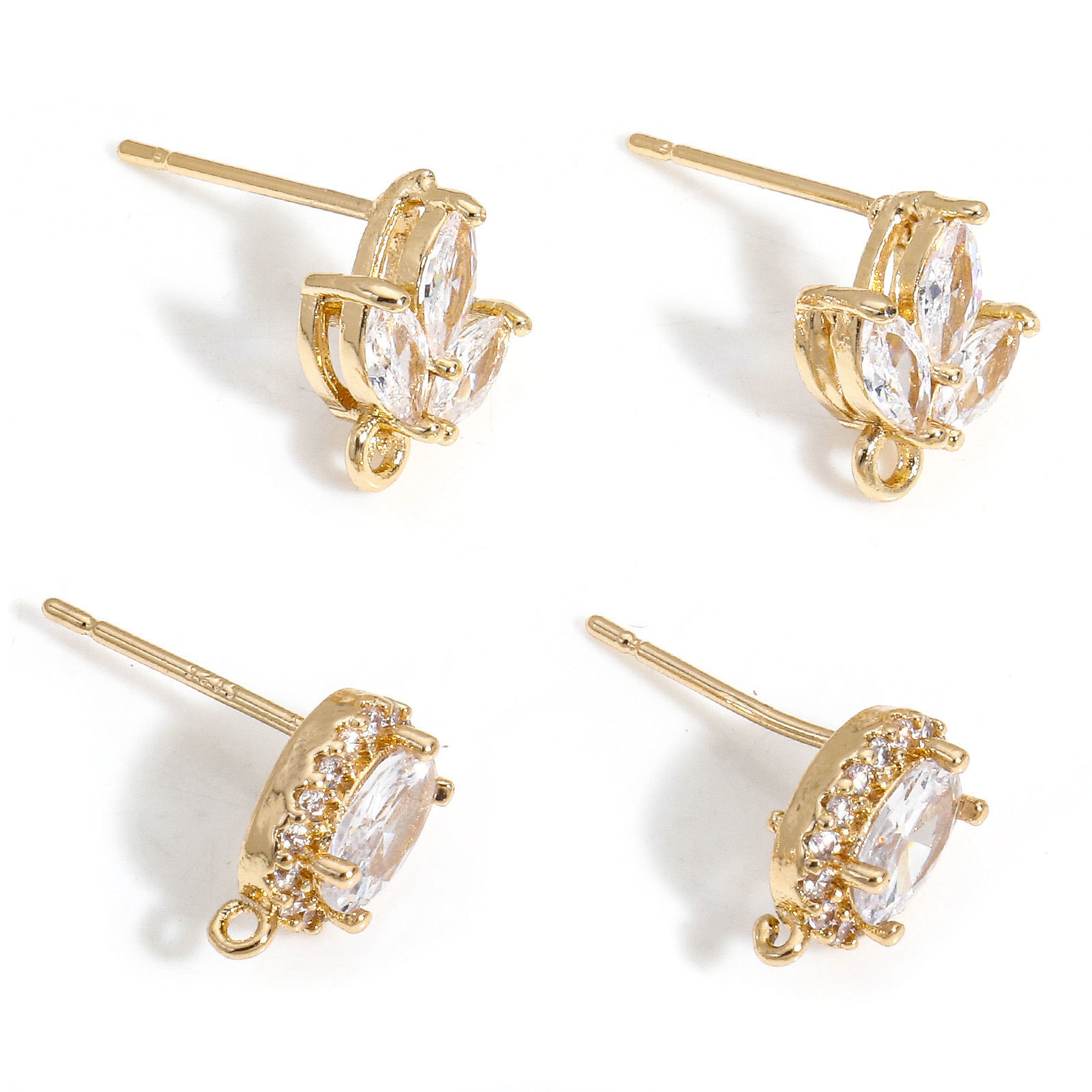 Picture of Brass Ear Post Stud Earring With Loop Connector Accessories Gold Plated Clear Cubic Zirconia