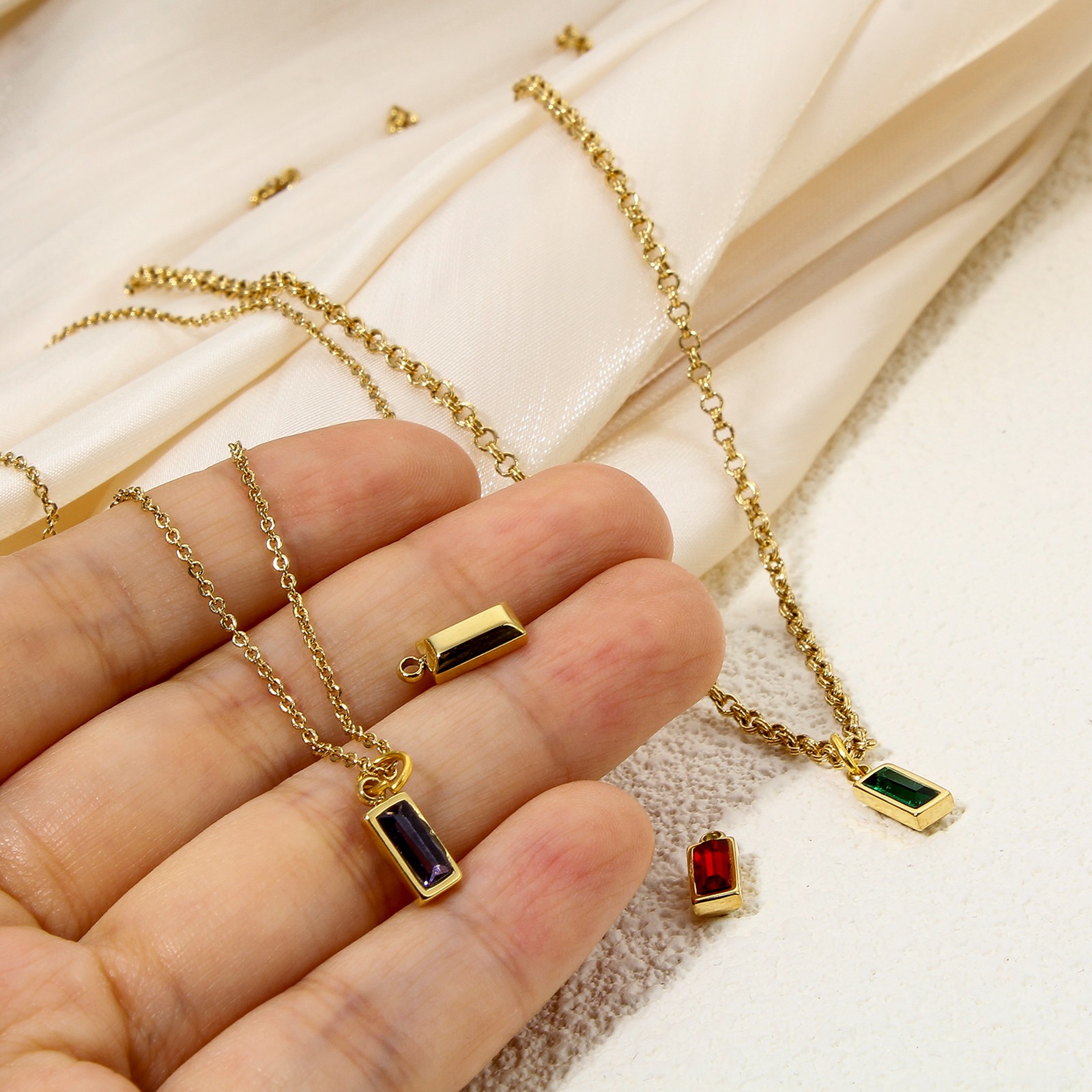 Picture of Eco-friendly PVD Vacuum Plating 304 Stainless Steel Birthstone Charms 14K Real Gold Plated Rectangle Mini Multicolour Cubic Zirconia