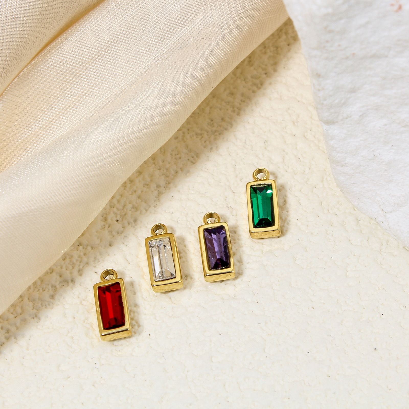 Picture of Eco-friendly PVD Vacuum Plating 304 Stainless Steel Birthstone Charms 14K Real Gold Plated Rectangle Mini Multicolour Cubic Zirconia