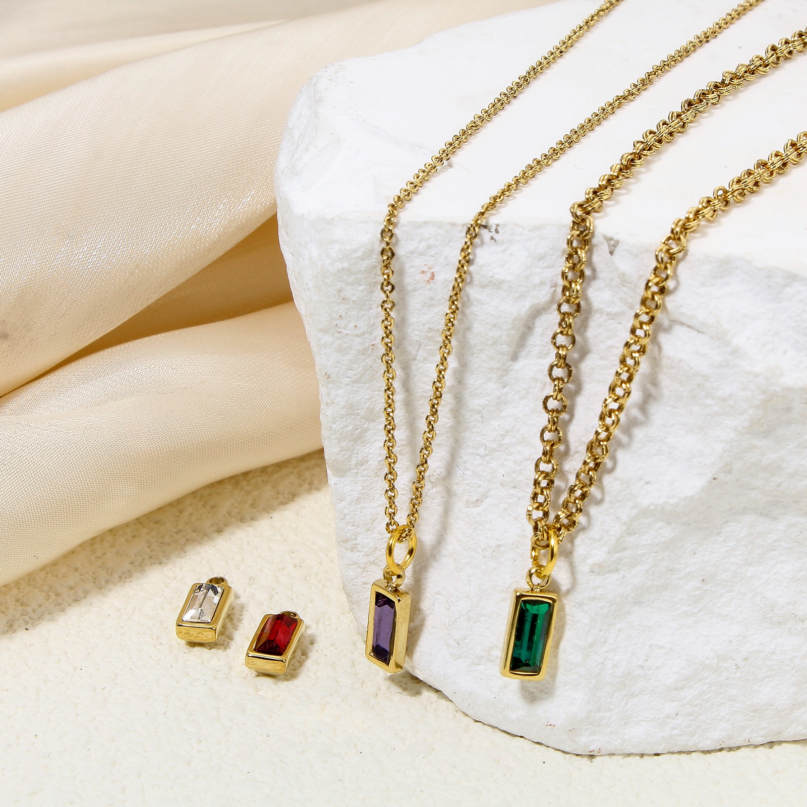 Picture of Eco-friendly PVD Vacuum Plating 304 Stainless Steel Birthstone Charms 14K Real Gold Plated Rectangle Mini Multicolour Cubic Zirconia