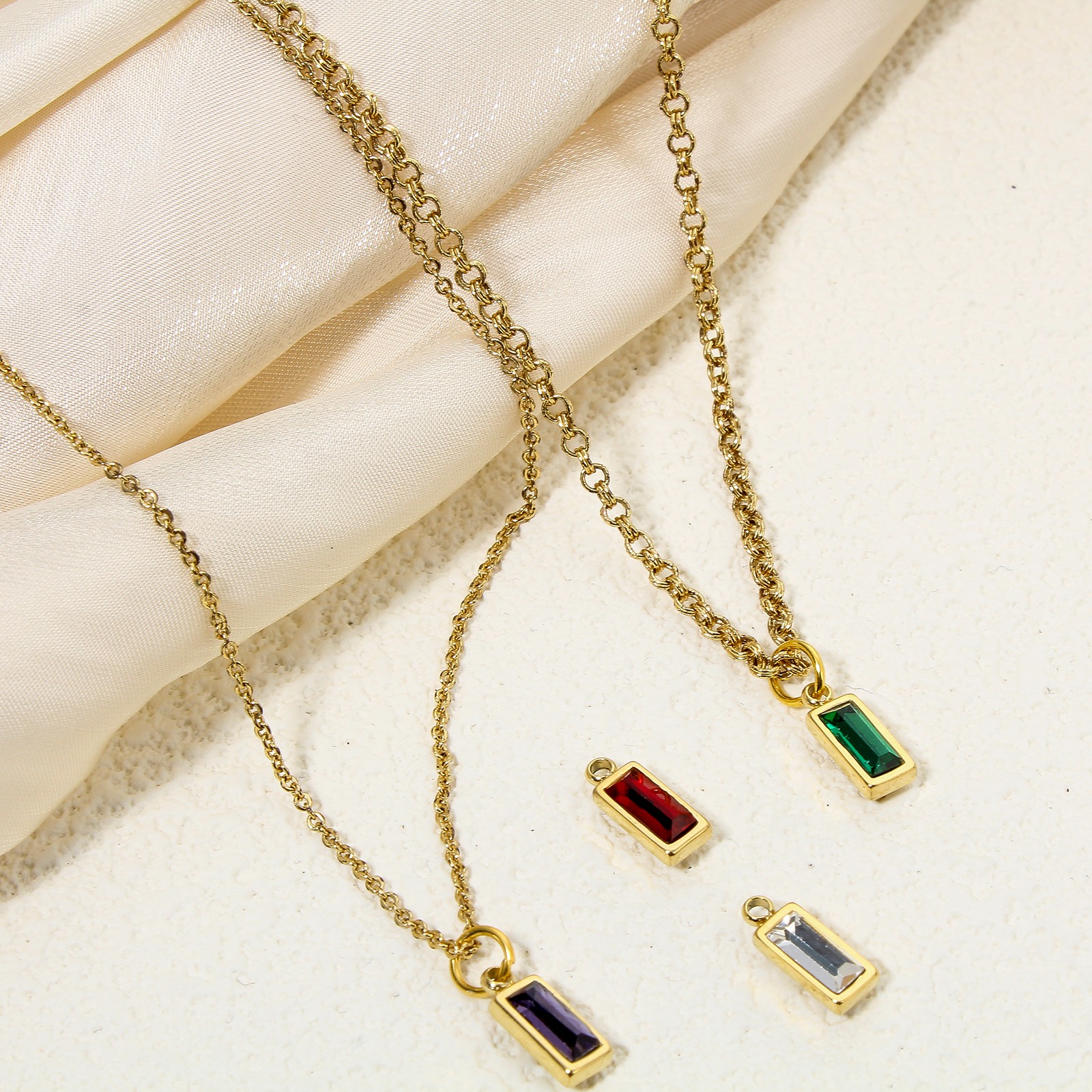 Picture of Eco-friendly PVD Vacuum Plating 304 Stainless Steel Birthstone Charms 14K Real Gold Plated Rectangle Mini Multicolour Cubic Zirconia