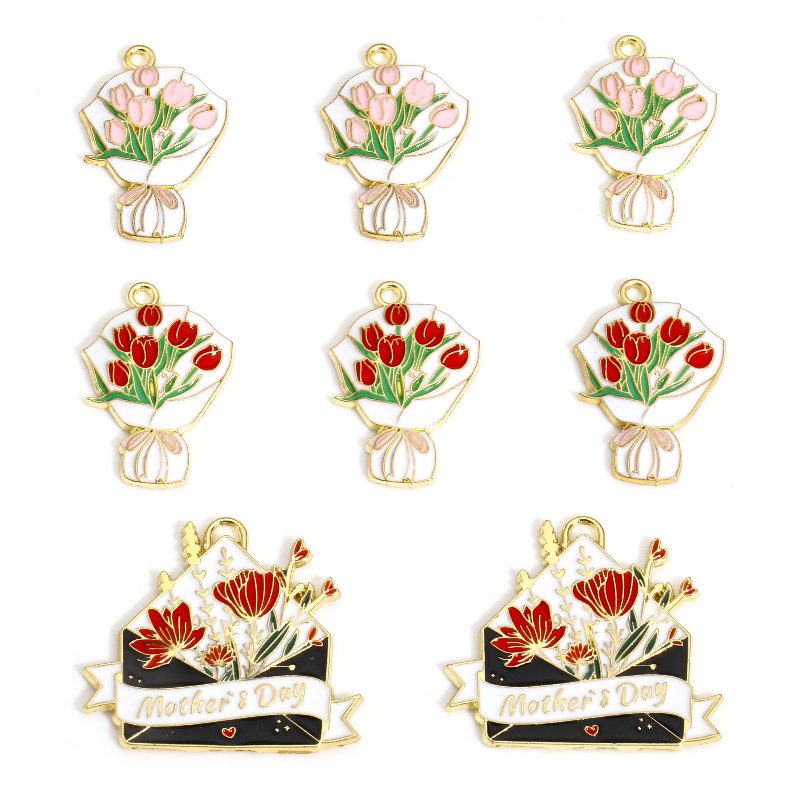 Picture of Zinc Based Alloy Mother's Day Charms Gold Plated Multicolor Envelope Flower Enamel