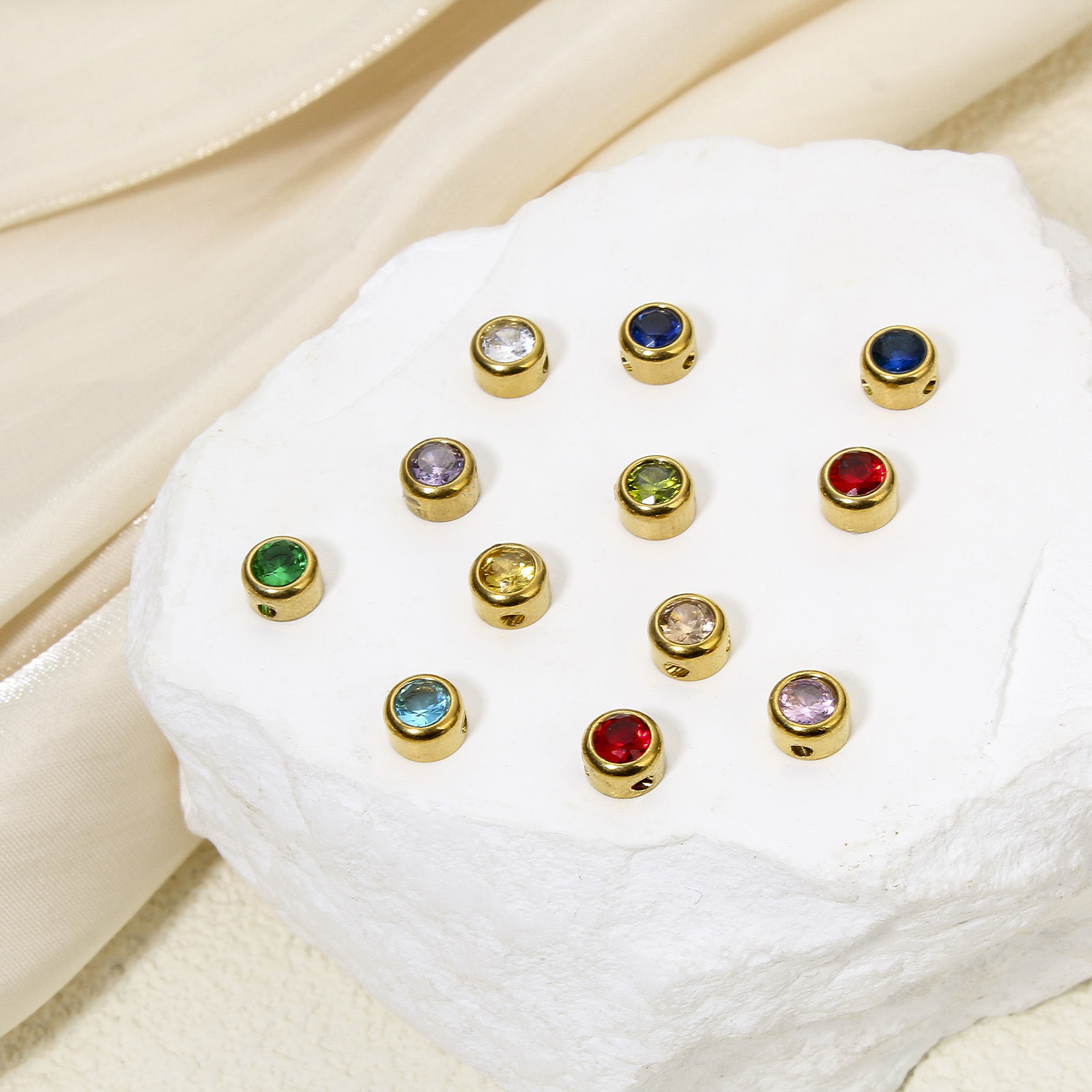 Picture of Eco-friendly 304 Stainless Steel Birthstone Charms Gold Plated Round Multicolor Rhinestone