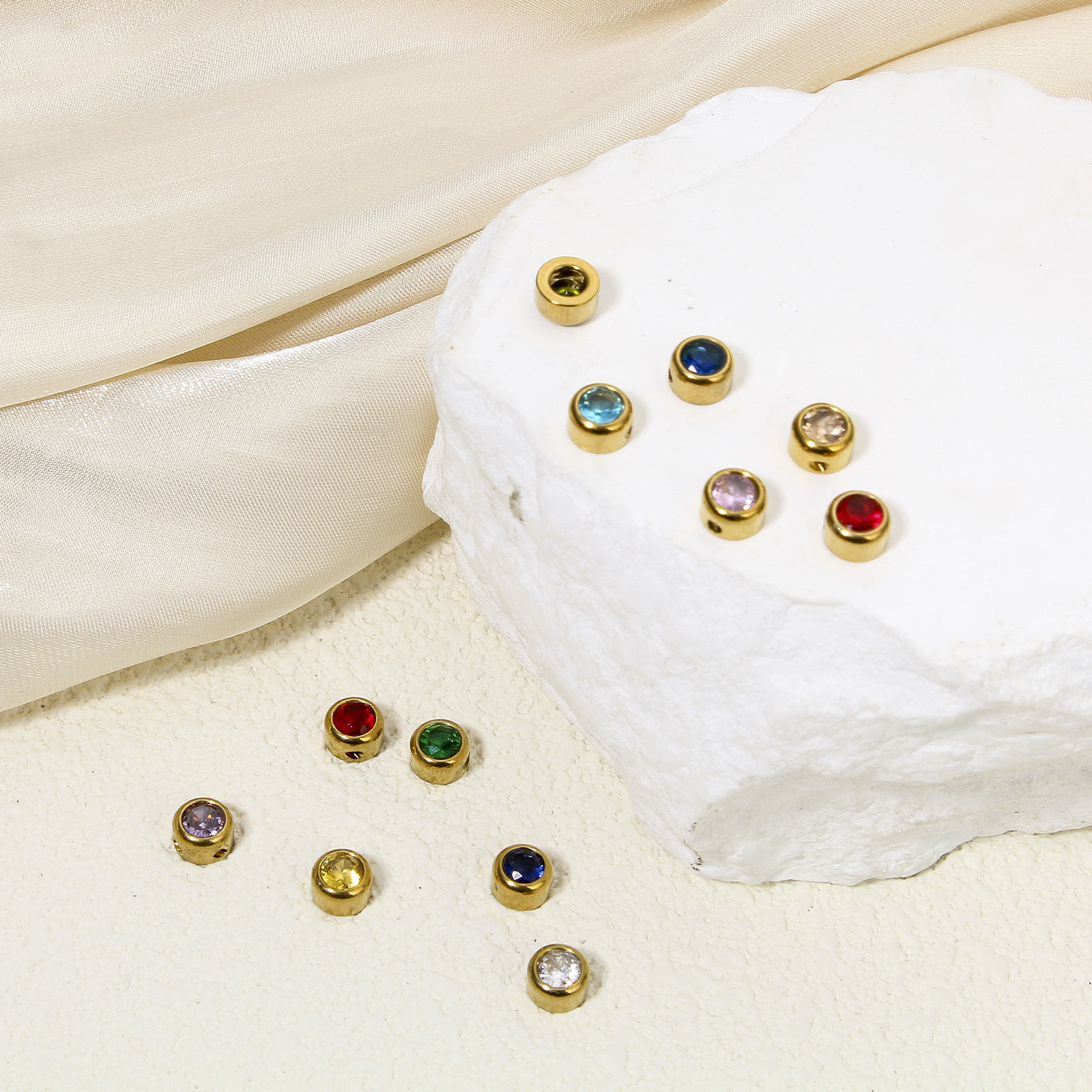 Picture of Eco-friendly 304 Stainless Steel Birthstone Charms Gold Plated Round Multicolor Rhinestone