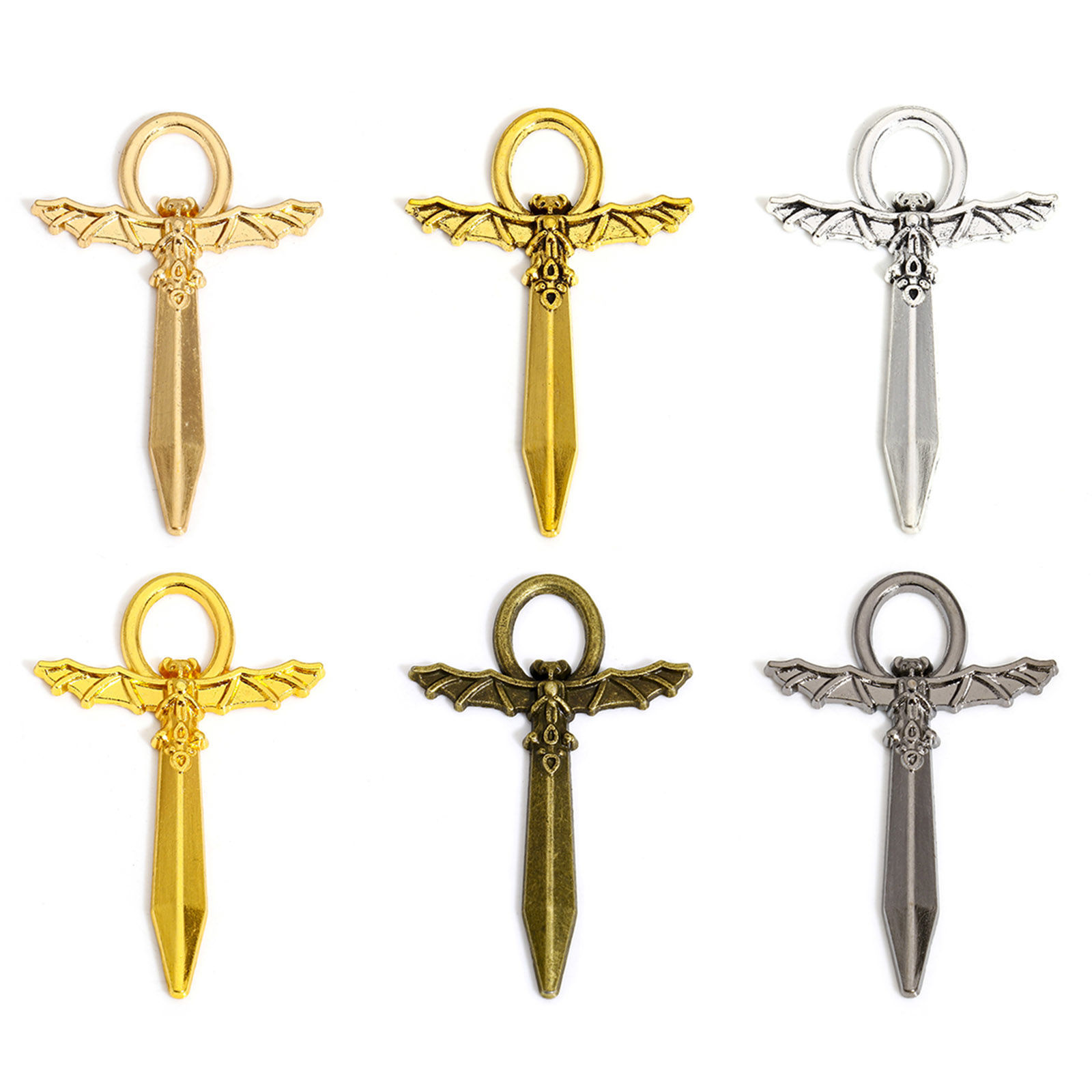 Picture of Zinc Based Alloy Halloween Pendants Multicolor Ankh Egyptian Cross Halloween Bat 5cm x 3.1cm